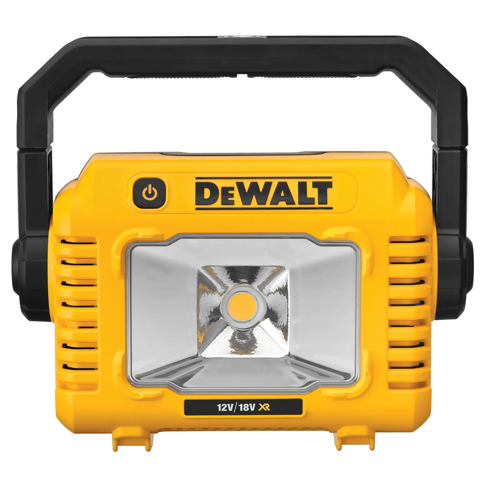 Luz de trabajo LED portátil DEWALT con asa, amarillo y negro, apta para baterías XR de 12V/18V.