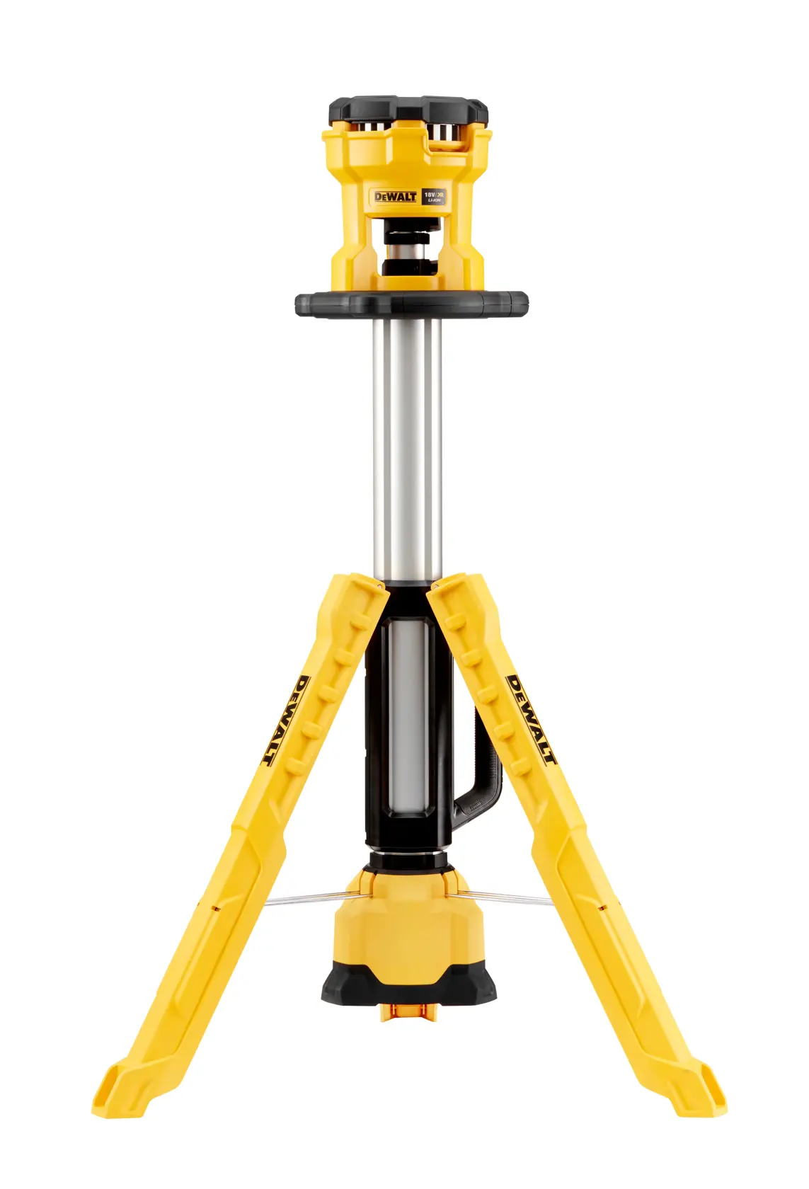Luz de trabajo LED amarilla DEWALT DCL079 con trípode y altura ajustable, colocada verticalmente.