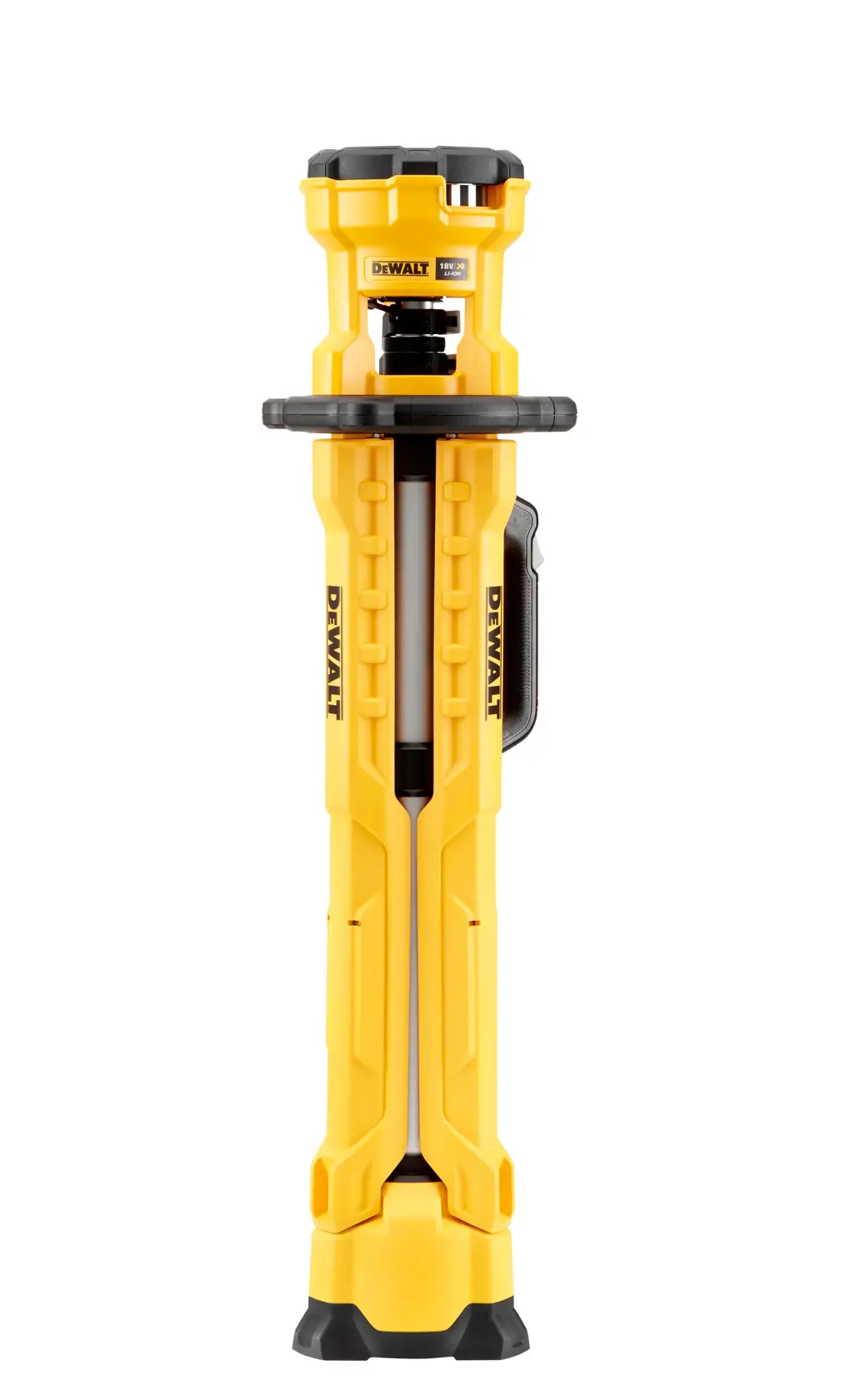 Luz para trabajos DEWALT DCL079 amarilla plegada con detalles negros, en posición vertical sobre fondo blanco.
