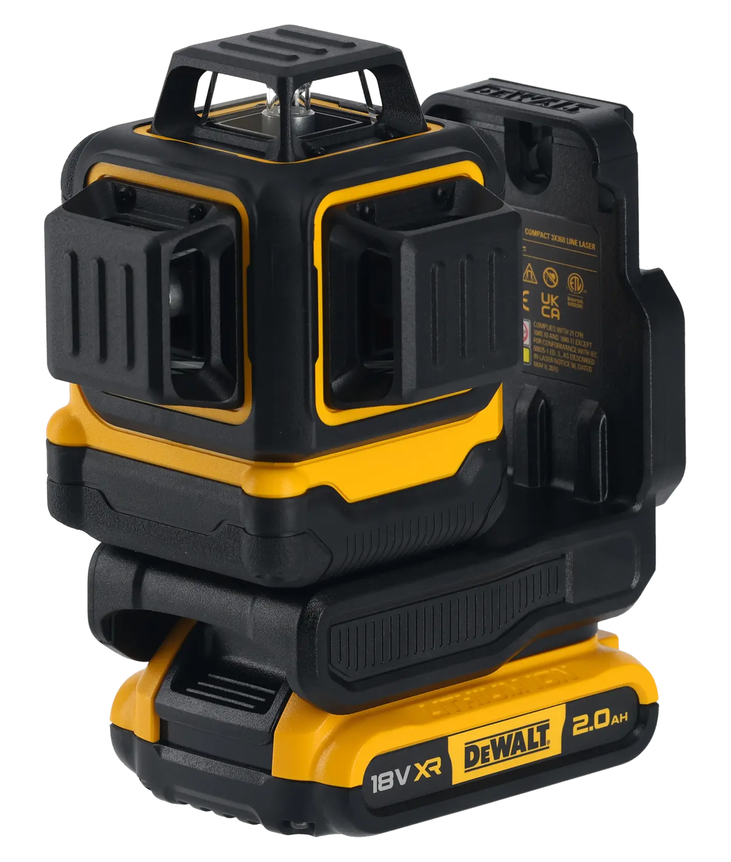Nivel láser compacto DEWALT 18V XR negro y amarillo con carcasa protectora y batería.