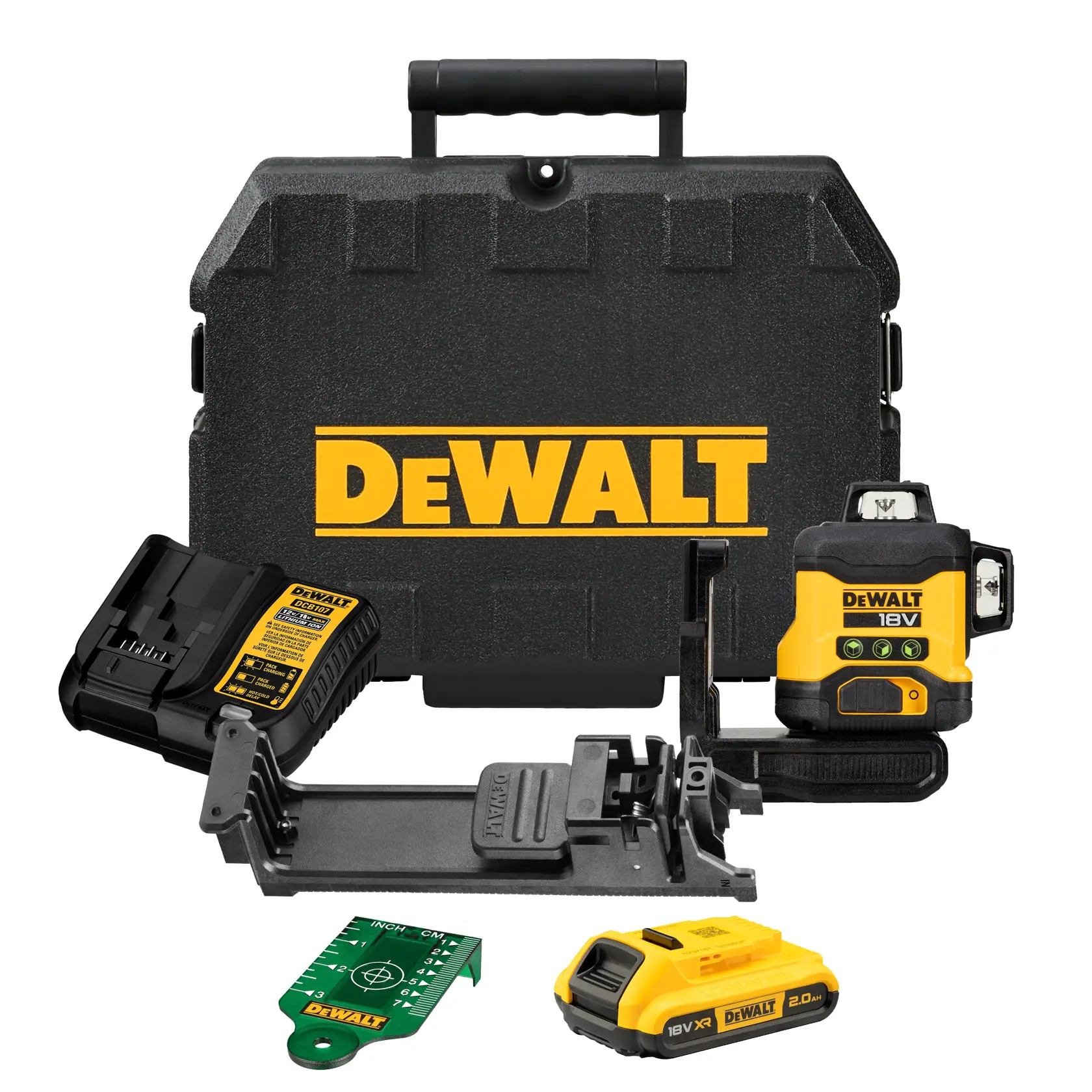 DEWALT 18V laser level kit with hard case, charger, battery, bracket, and green target plate.