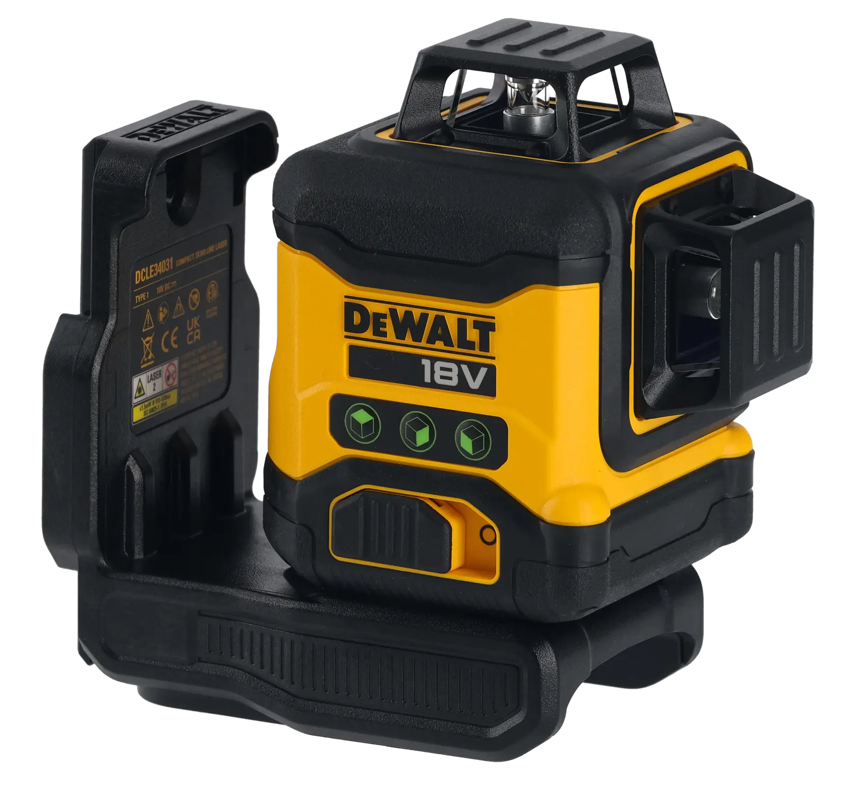Nivel láser amarillo y negro DEWALT 18V DCLE34031N con soporte, para alineación precisa en construcción.