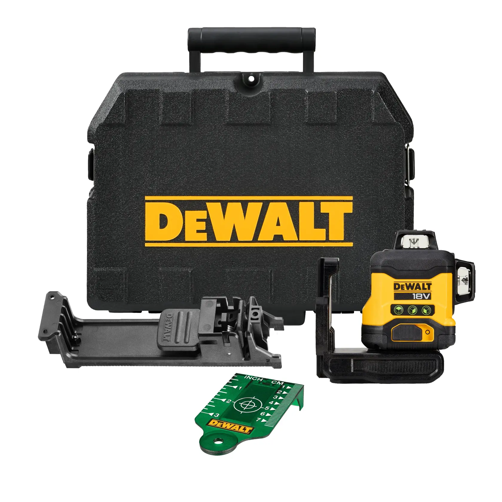 DEWALT 18V laser level kit with case, mounting bracket and green target tool.