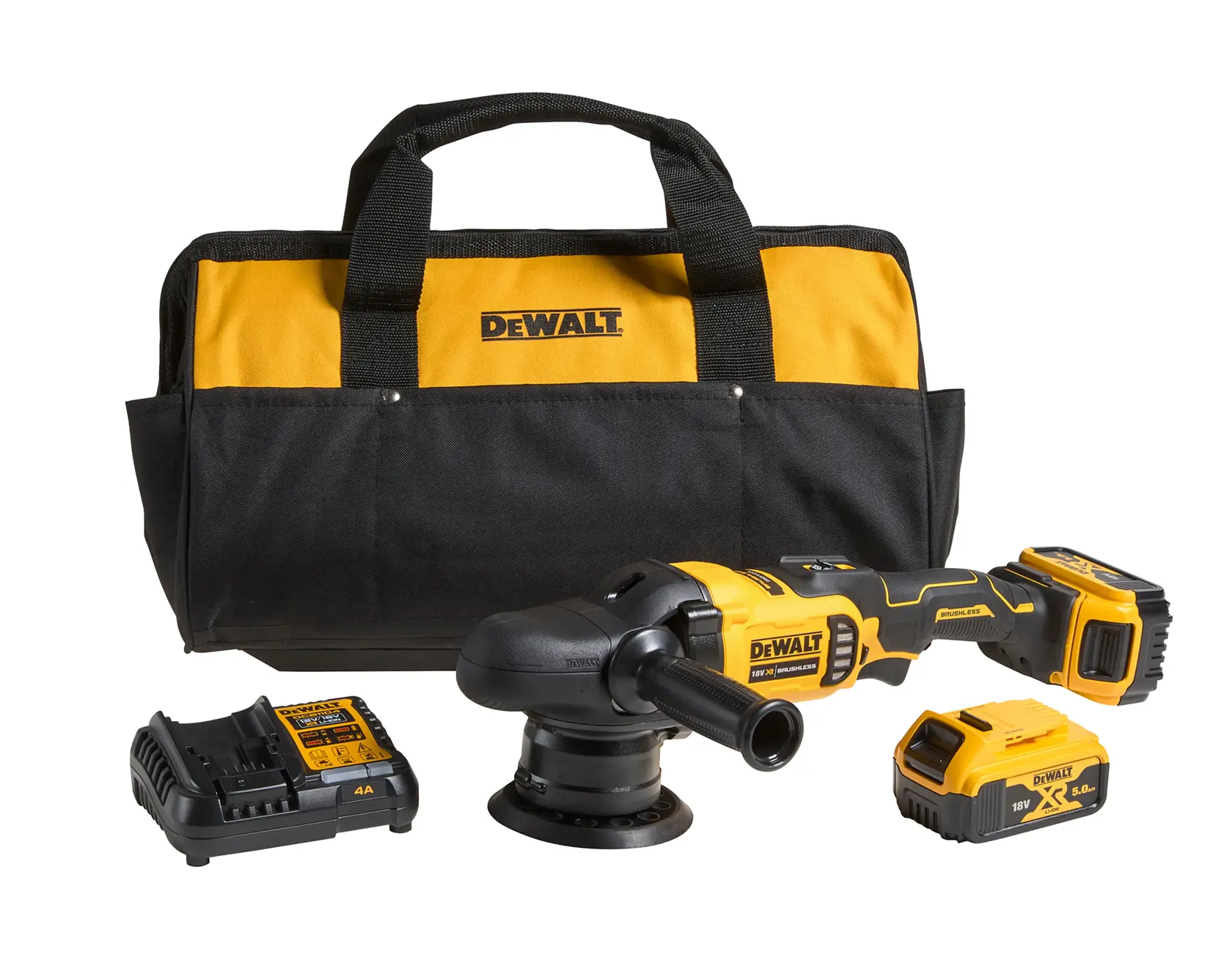 Kit polisseuse sans fil DEWALT avec sac, batterie, chargeur et outil. Design jaune et noir.
