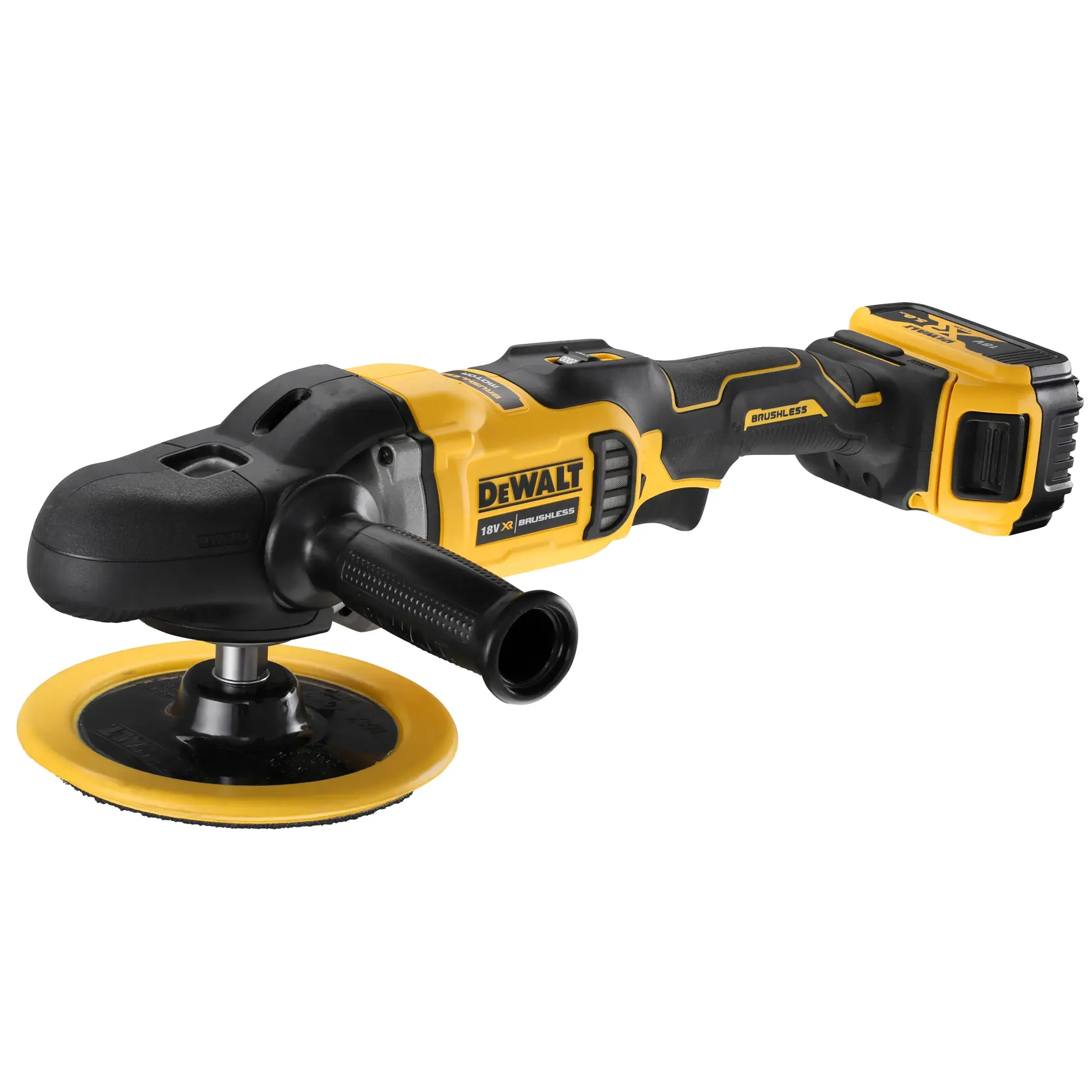 Polisseuse sans fil DEWALT 18V, moteur brushless, jaune et noire, batterie attachée.