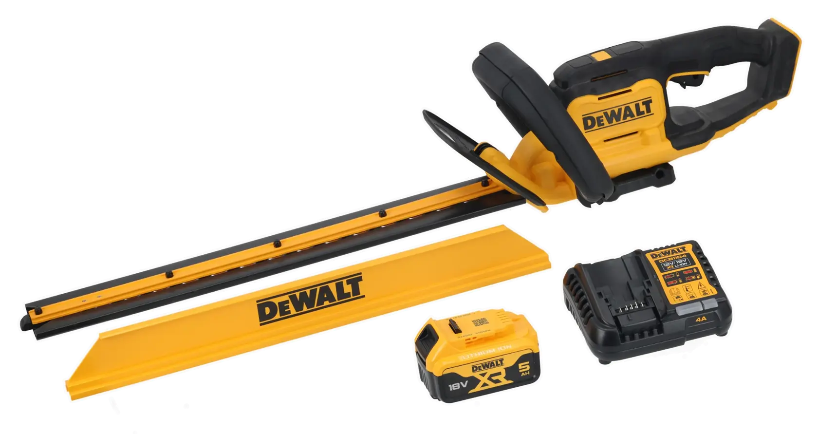 DEWALT cordless hedge trimmer kit with blade cover, battery, and charger shown on a white background.
