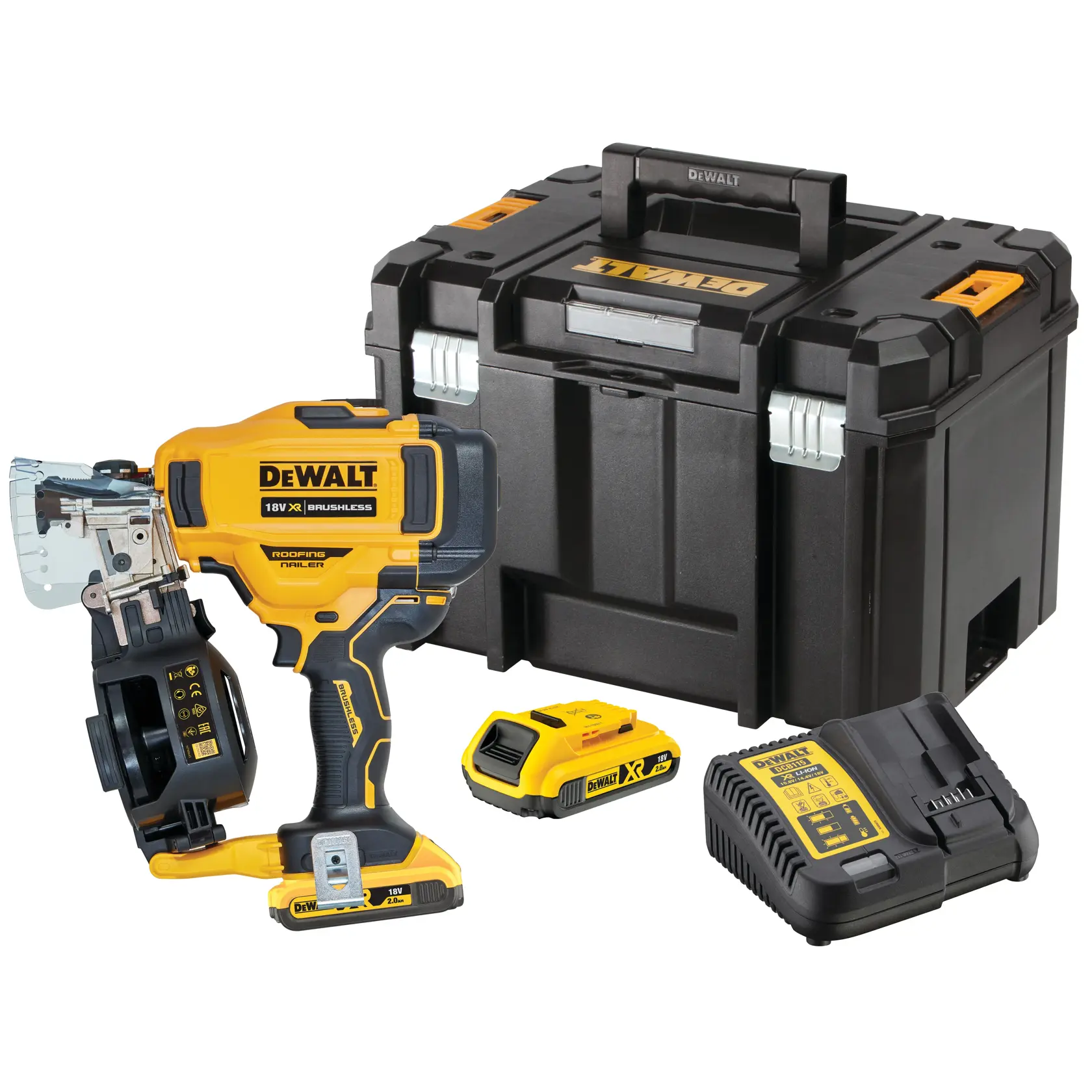 Kit de cloueur DEWALT 18V avec outil, batterie, chargeur et mallette de rangement noire solide.
