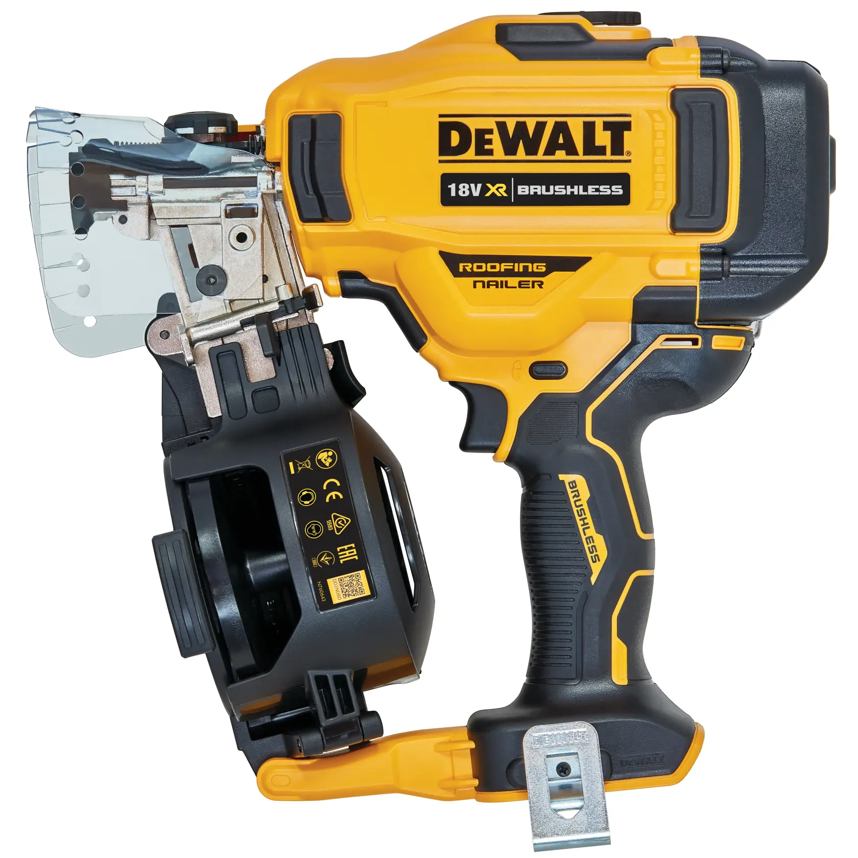 Cloueuse de toiture DEWALT 18V XR brushless jaune et noire, vue latérale.