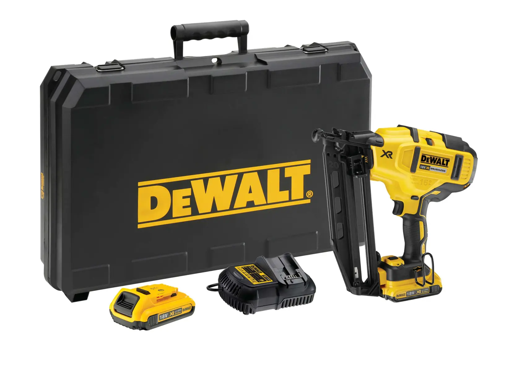 Ensemble cloueur sans fil DEWALT avec mallette, batterie, chargeur et outil sur fond blanc.