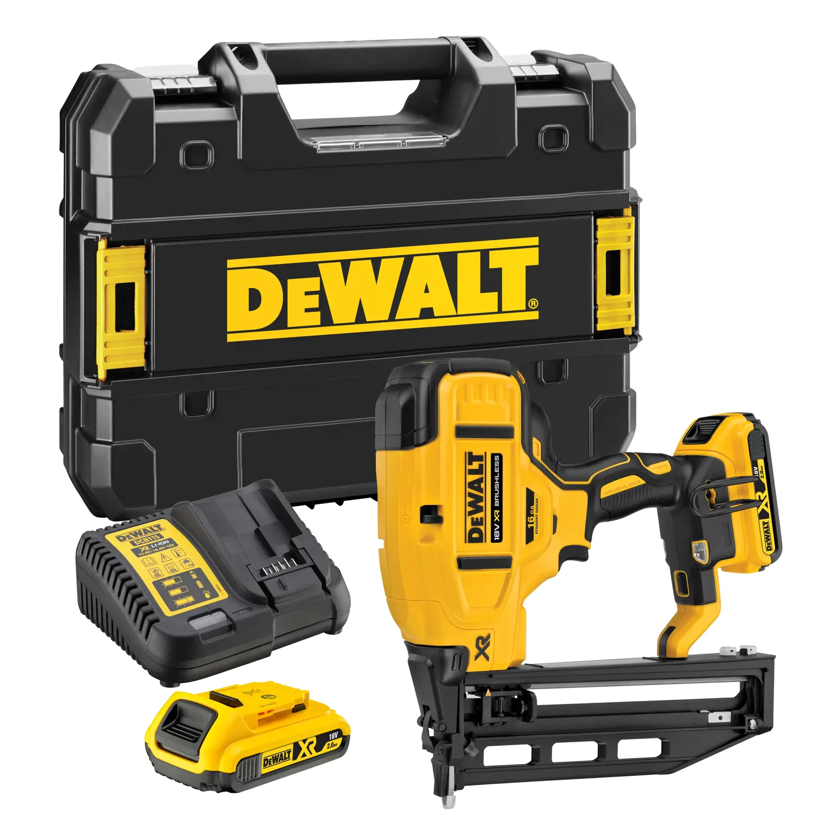 Kit cloueur sans fil DeWalt avec outil jaune, batterie, chargeur et mallette noire.