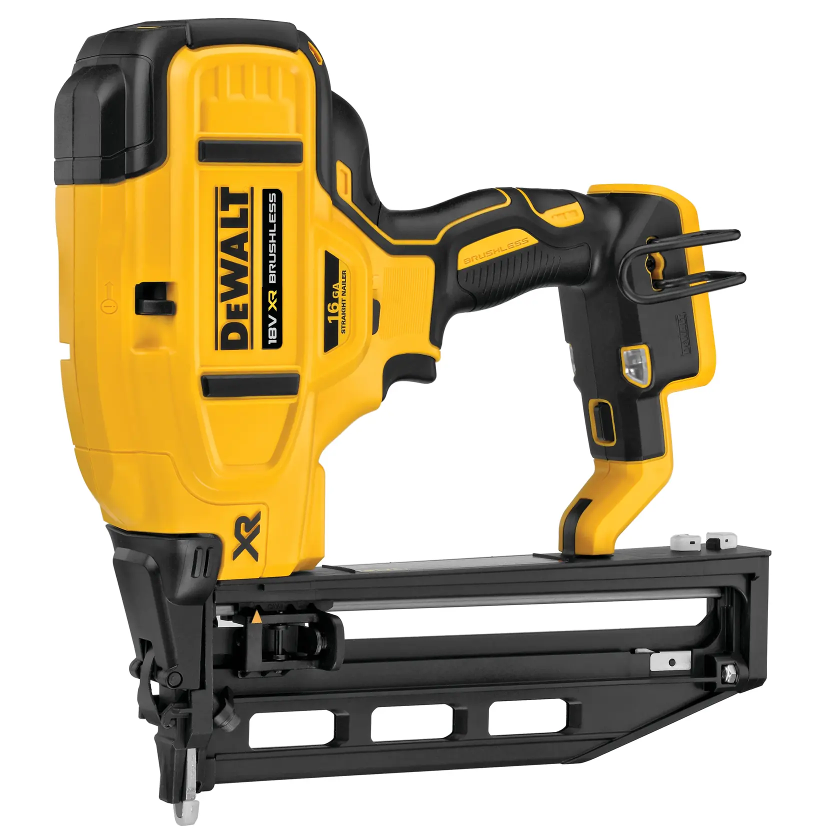 Une cloueuse sans fil DEWALT 18V XR brushless avec un design jaune et noir, poignée ergonomique et magasin pour clous.