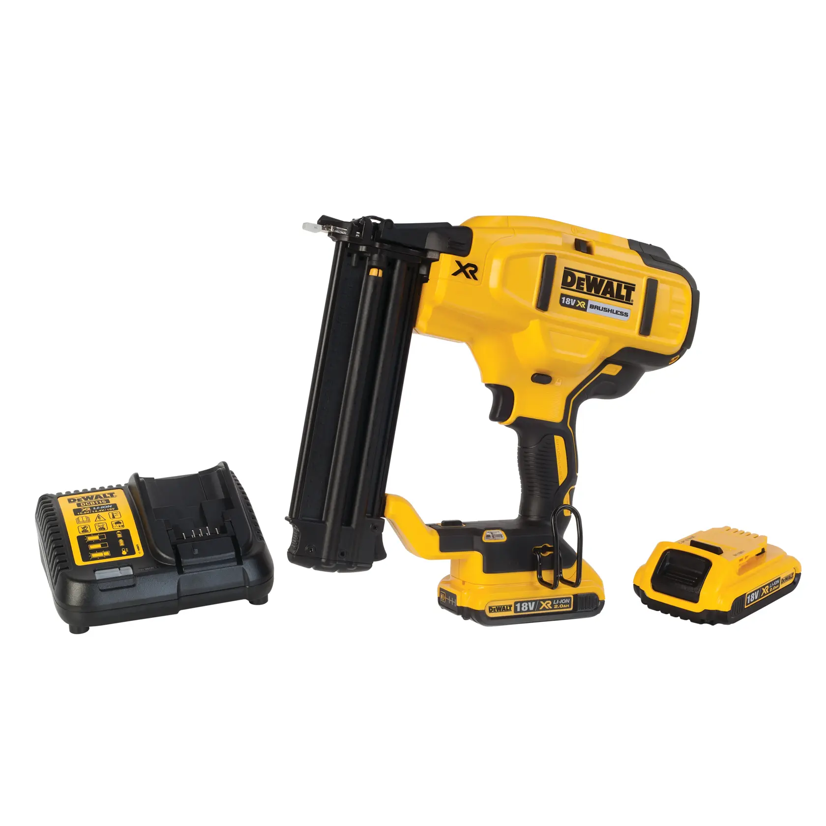 Kit DEWALT 18V XR cloueur avec outil, batterie et chargeur, présenté sur fond blanc.
