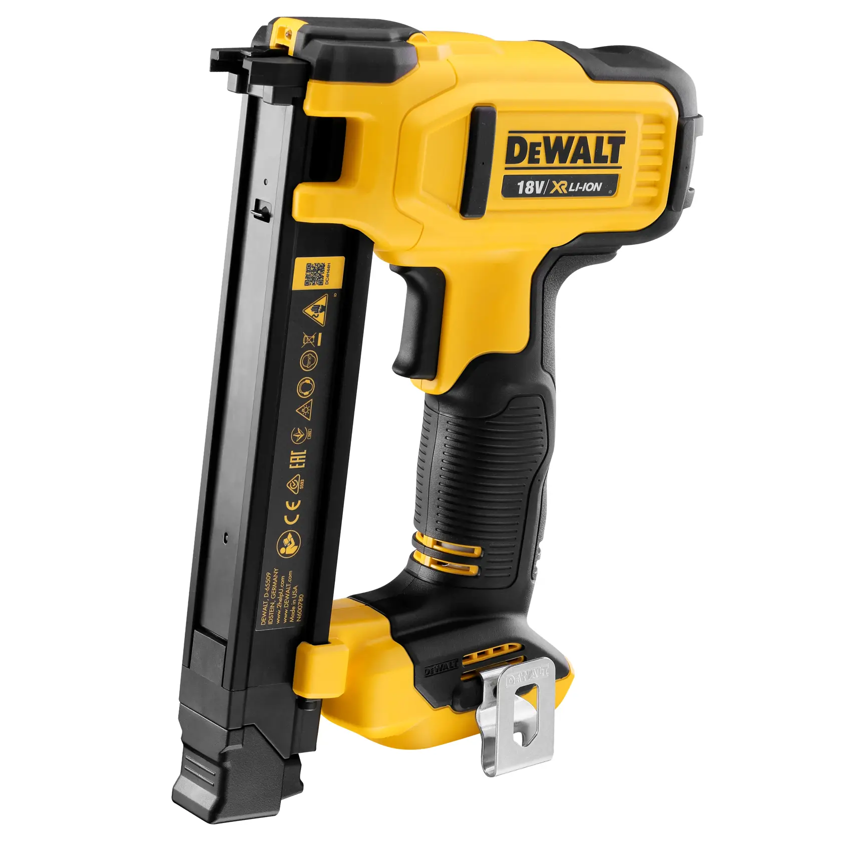 Agrafeuse électrique pour câbles DEWALT 18V XR Li-Ion, modèle DCN701N, vue de côté. L’outil est jaune et noir avec une poignée ergonomique et un long magasin pour agrafes.