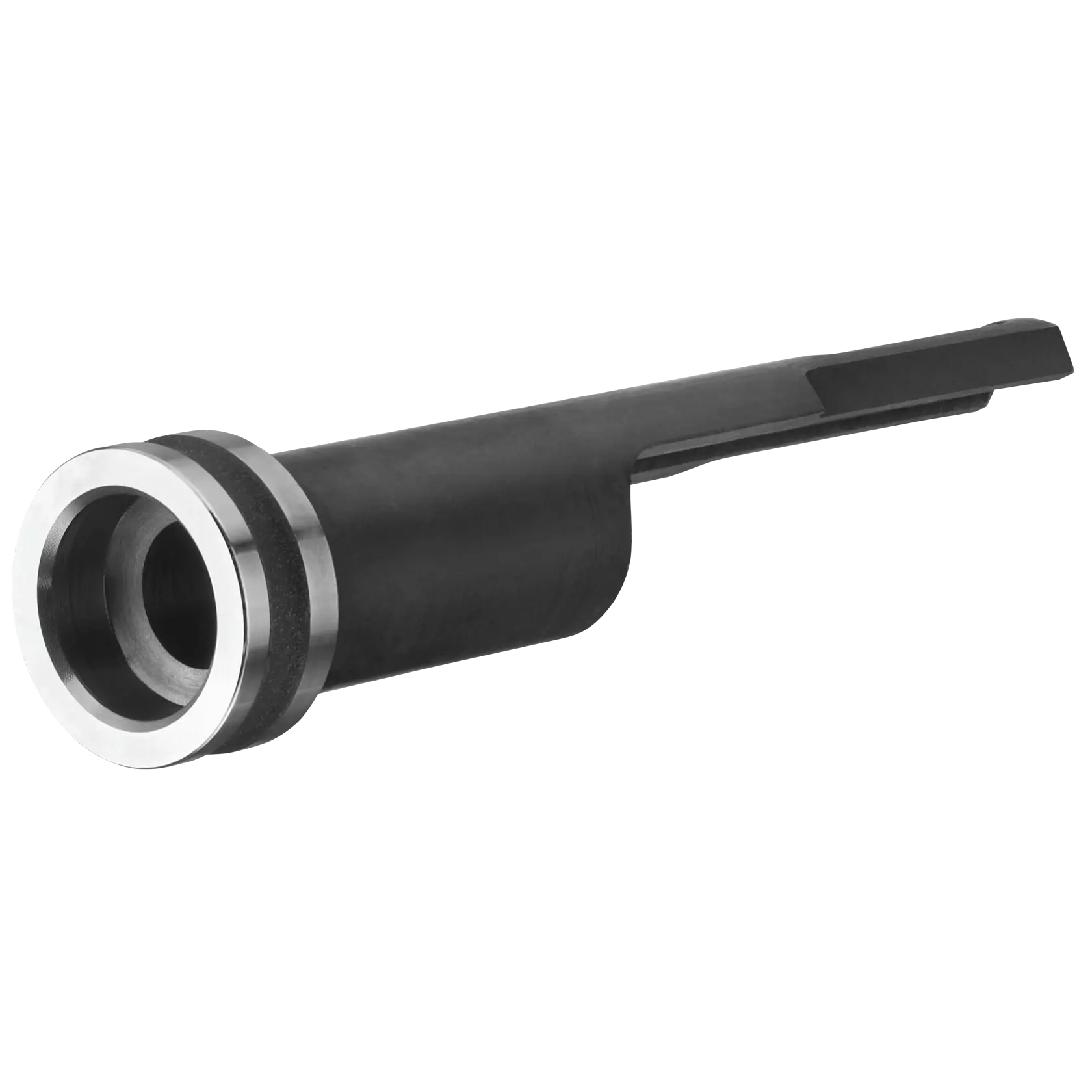 Un accessoire en métal DEWALT, modèle DCN8903, conçu comme embout de magasin pour outils de fixation. L'accessoire est noir avec un anneau argenté à une extrémité et est utilisé pour des applications de construction.