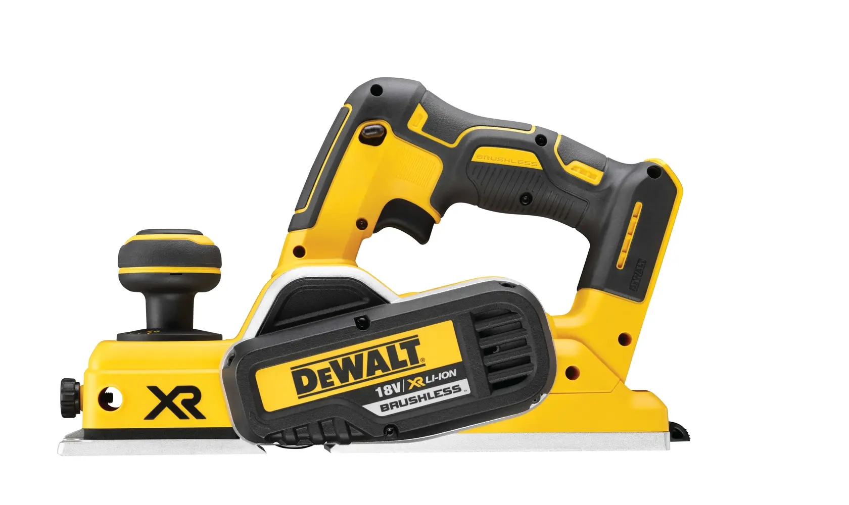 Photo of DEWALT cordless planer DCP580N, yellow and black, side view, visible 18V XR Li-Ion label.