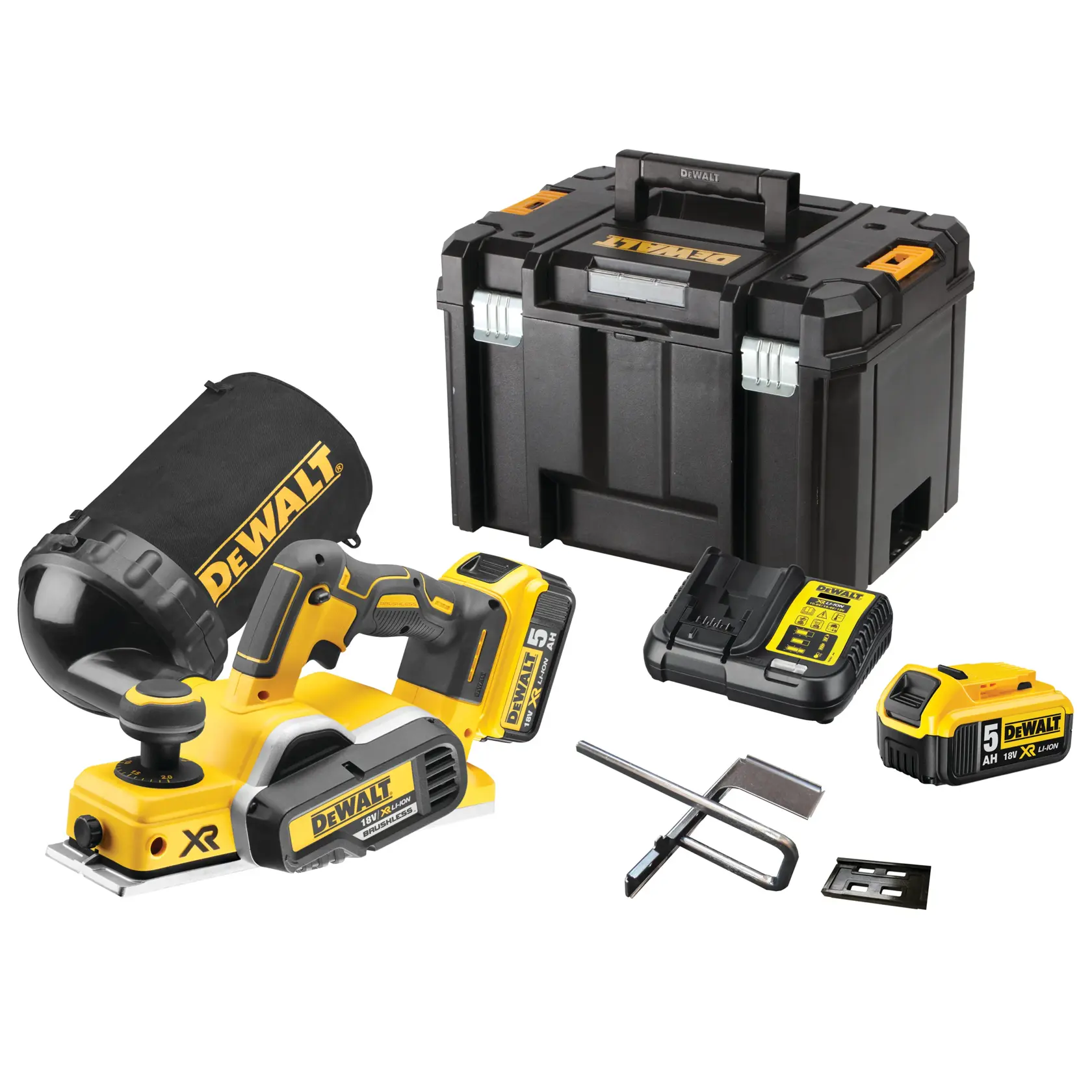 DEWALT DCP580P2 cordless planer kit with battery, charger, dust bag, case, and accessories, photo on white.