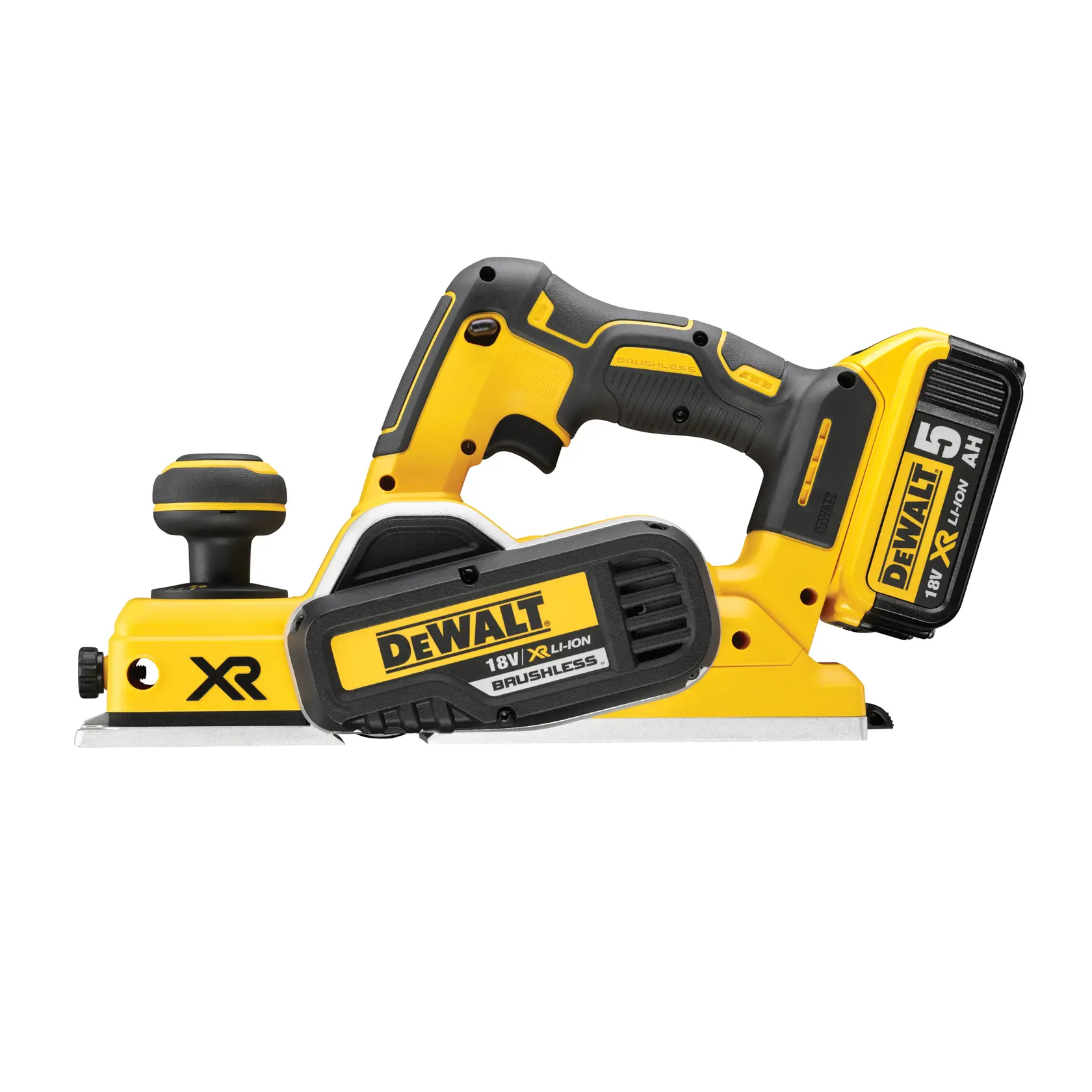 Photo of DEWALT DCP580P2 18V cordless planer, yellow and black, side angle, with battery attached.