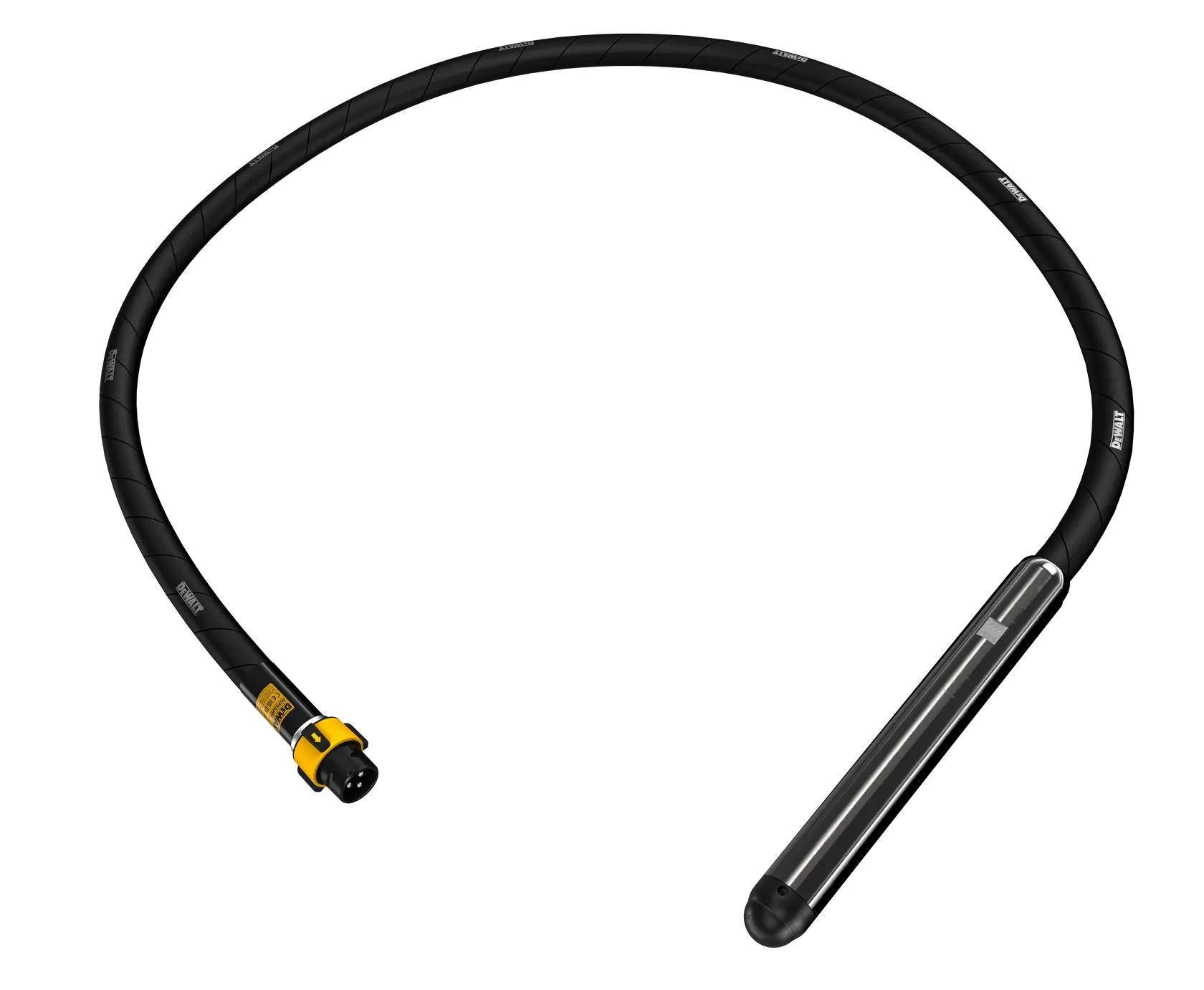 DEWALT flexible shaft tool with metal tip, used for vibration in concrete construction. Product shown on white background.