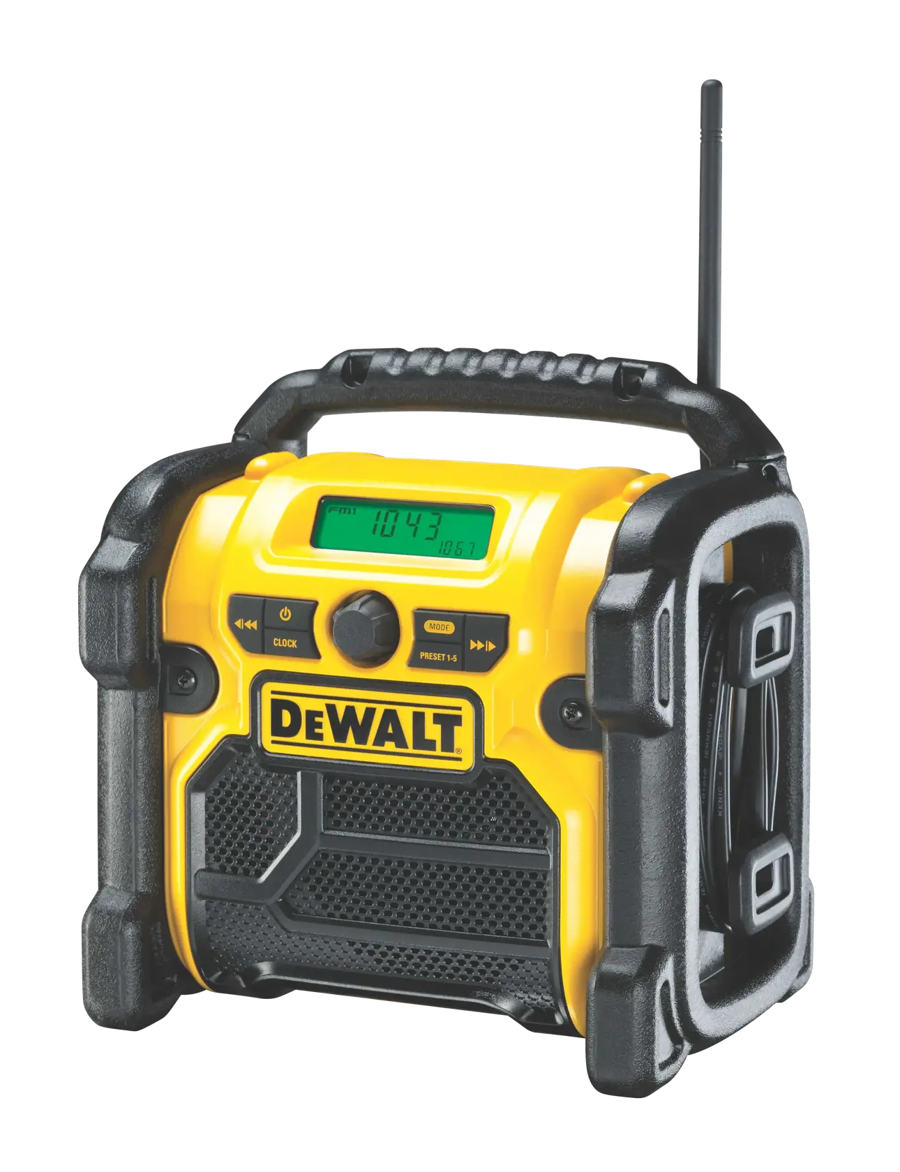 A DEWALT portable jobsite radio featuring a yellow and black rugged design, digital display, control buttons, handle on top, and an antenna.