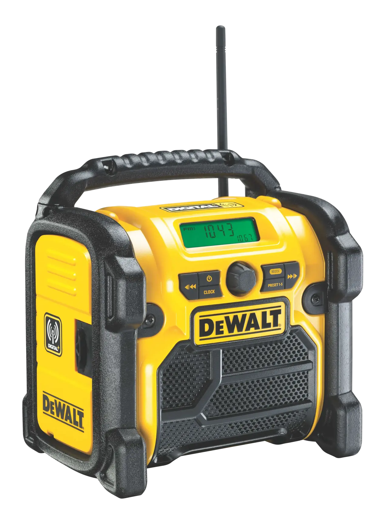 DEWALT portable jobsite radio with yellow and black design, digital display, handle, and antenna.