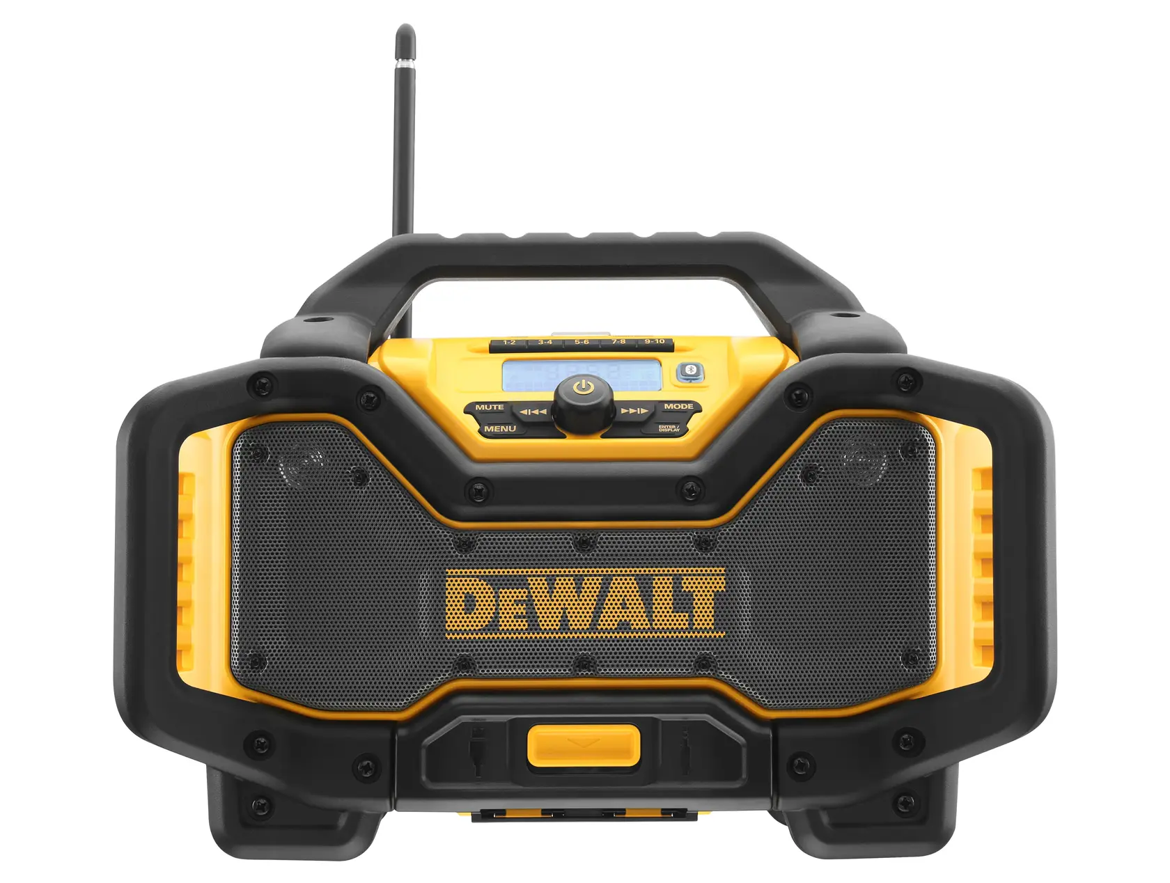 DEWALT jobsite radio with yellow and black rugged design, front control panel and antenna.