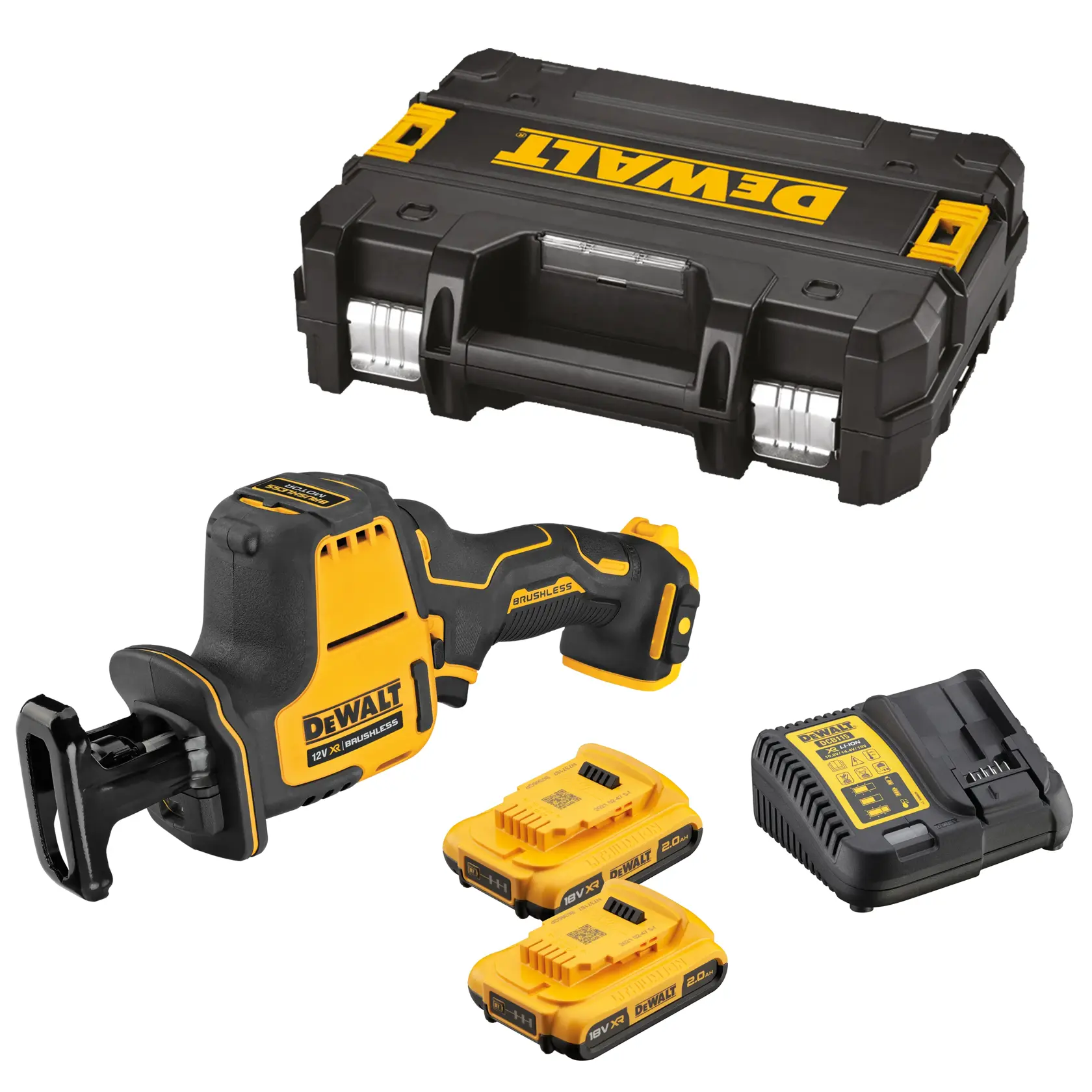 Kit DEWALT scie sans fil avec outil, deux batteries, chargeur et mallette noire.