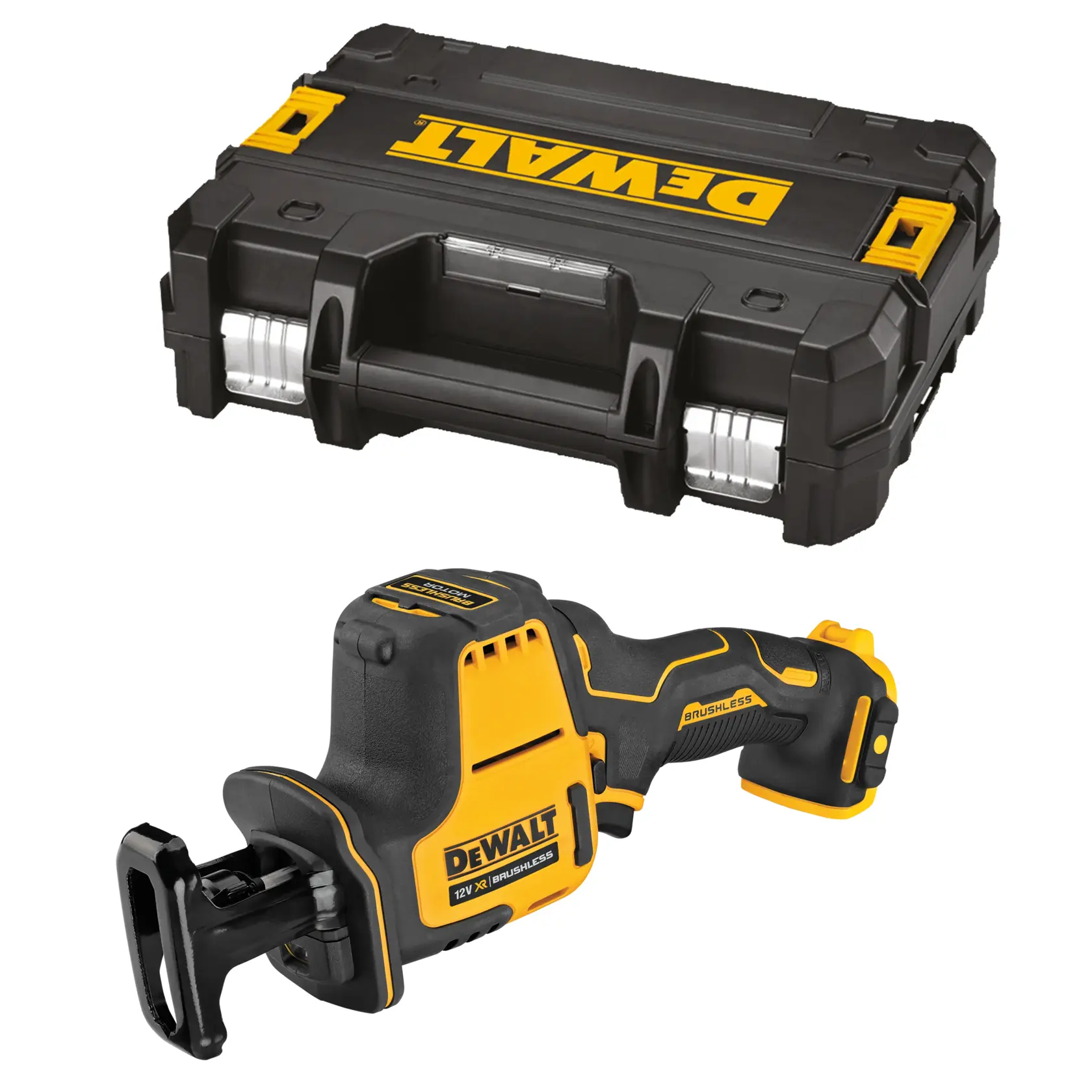DEWALT cordless reciprocating saw with brushless motor shown with carrying case.