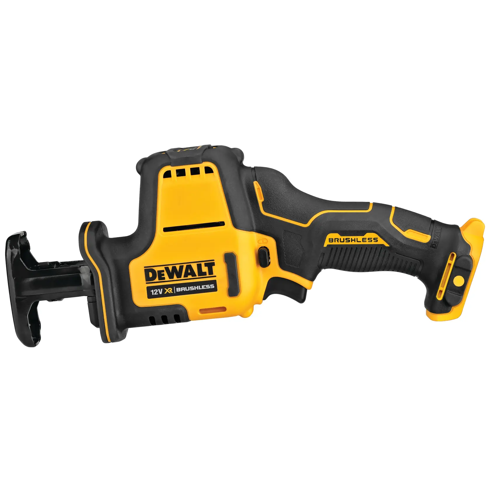 Photo of DEWALT DCS312N yellow and black cordless brushless reciprocating saw, side view, white background.