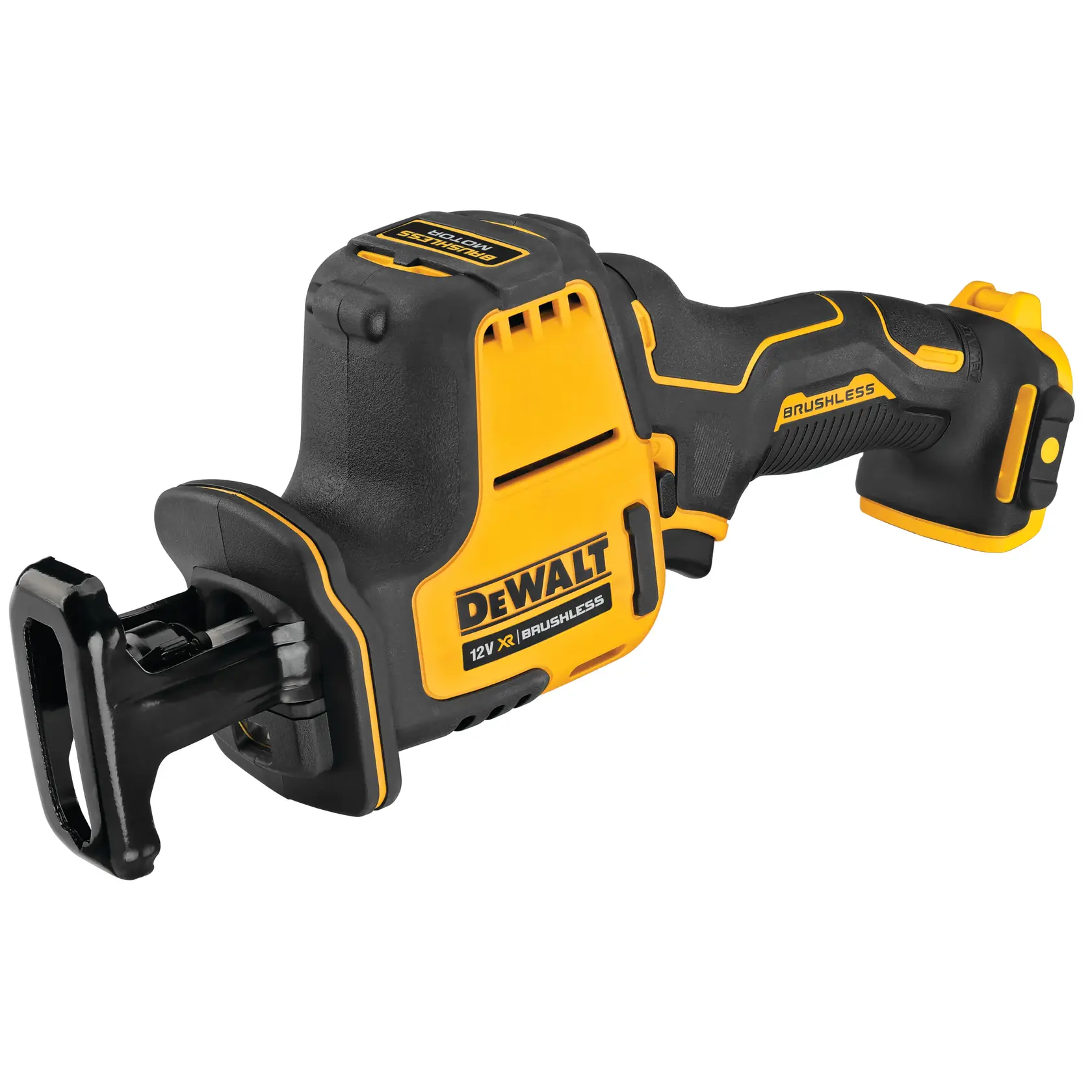 Photo of DEWALT DCS312N 12V brushless cordless reciprocating saw, yellow and black, side angle, white background.
