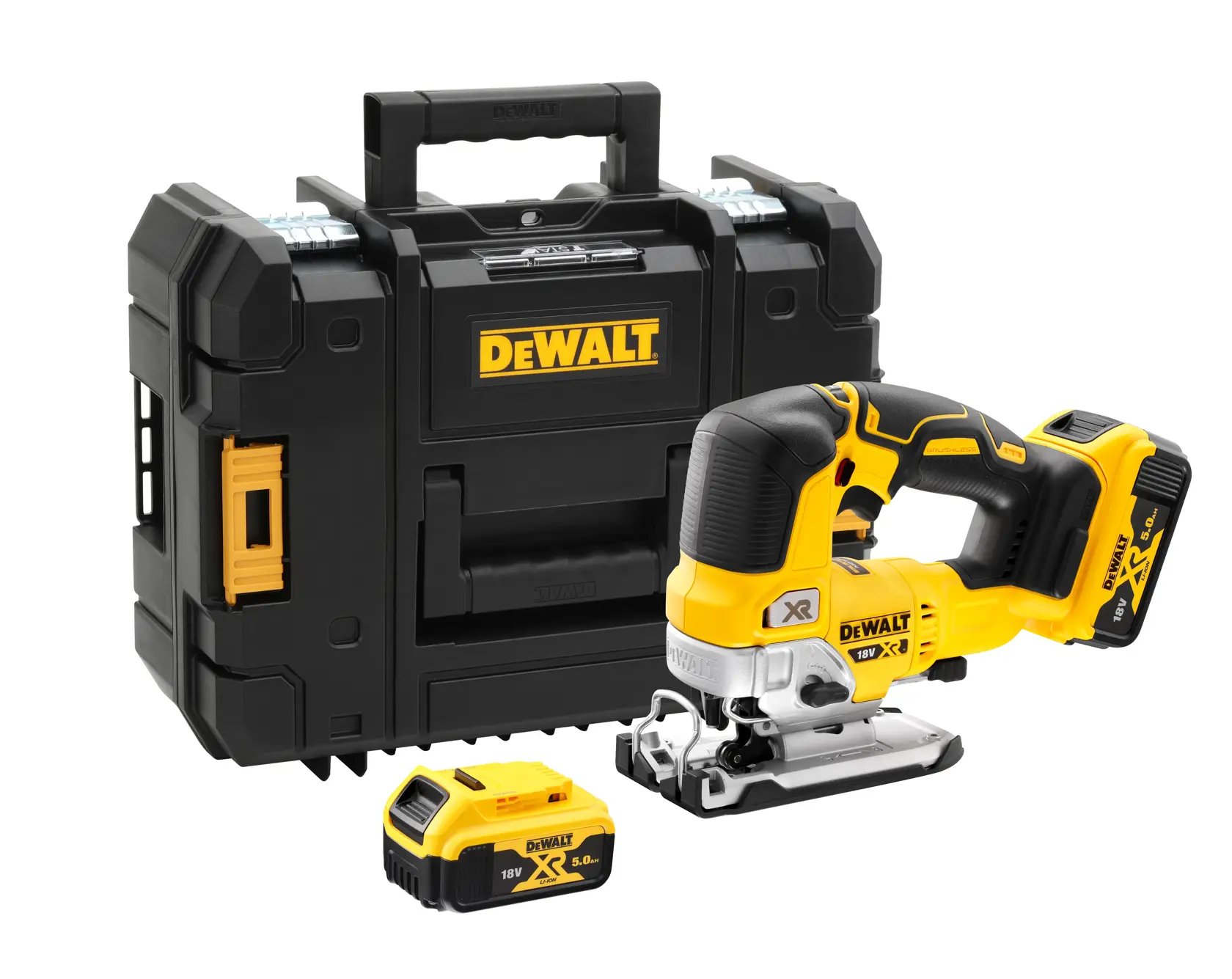Kit scie sauteuse sans fil DEWALT avec batterie et mallette, design noir et jaune, modèle DCS334P2.