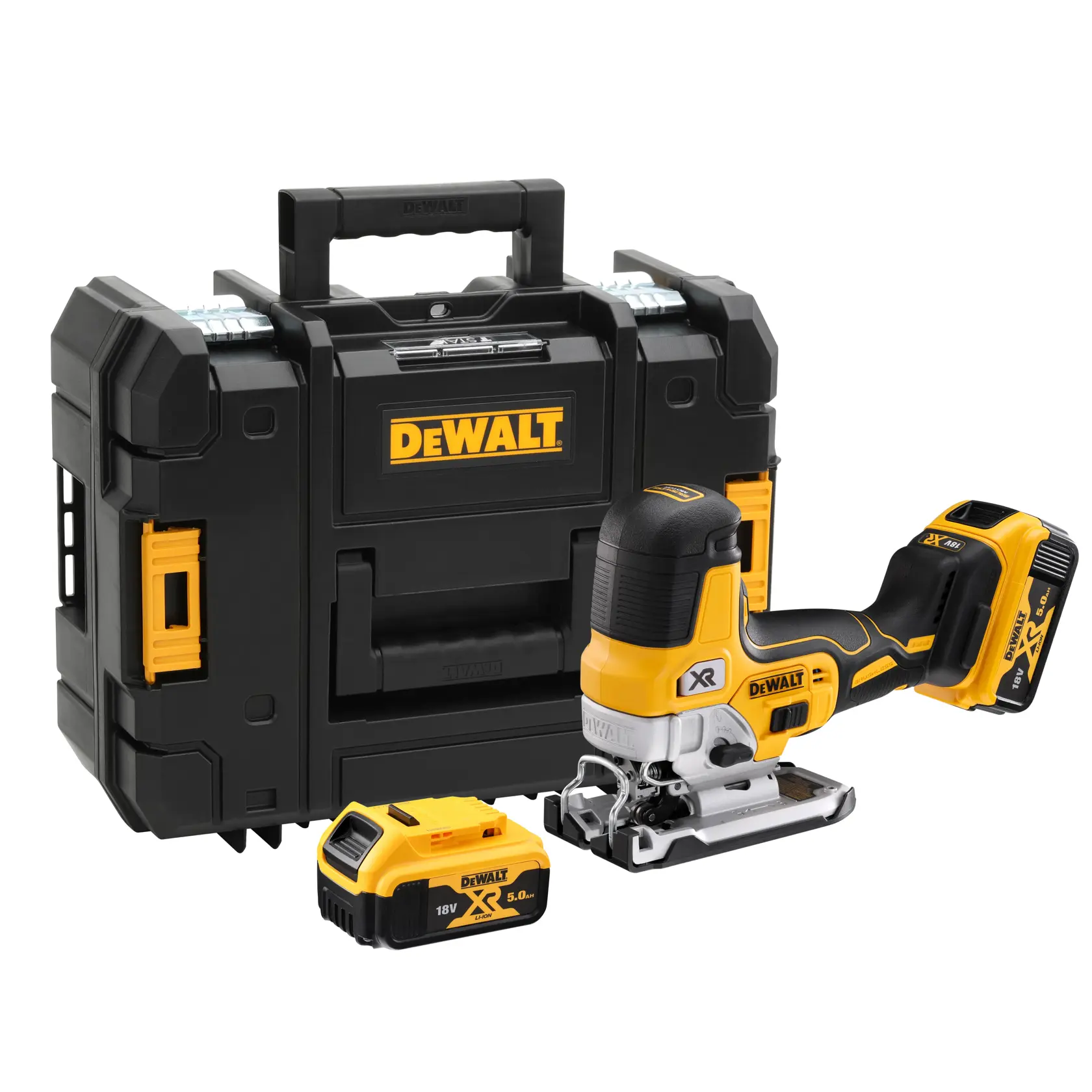 Ensemble de scie sauteuse sans fil DEWALT comprenant une scie sauteuse noire et jaune, deux batteries lithium-ion XR 18V, et une mallette de transport noire robuste avec le logo DEWALT.