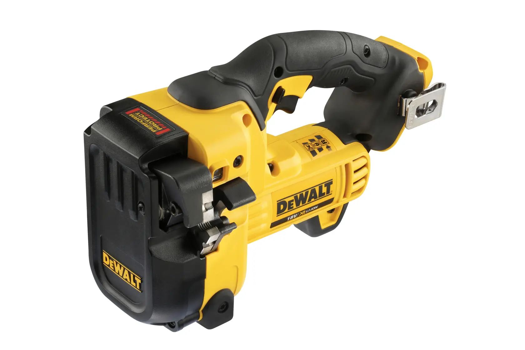 DEWALT DCS350NT yellow cordless tool for precise cutting, shown on a white background.