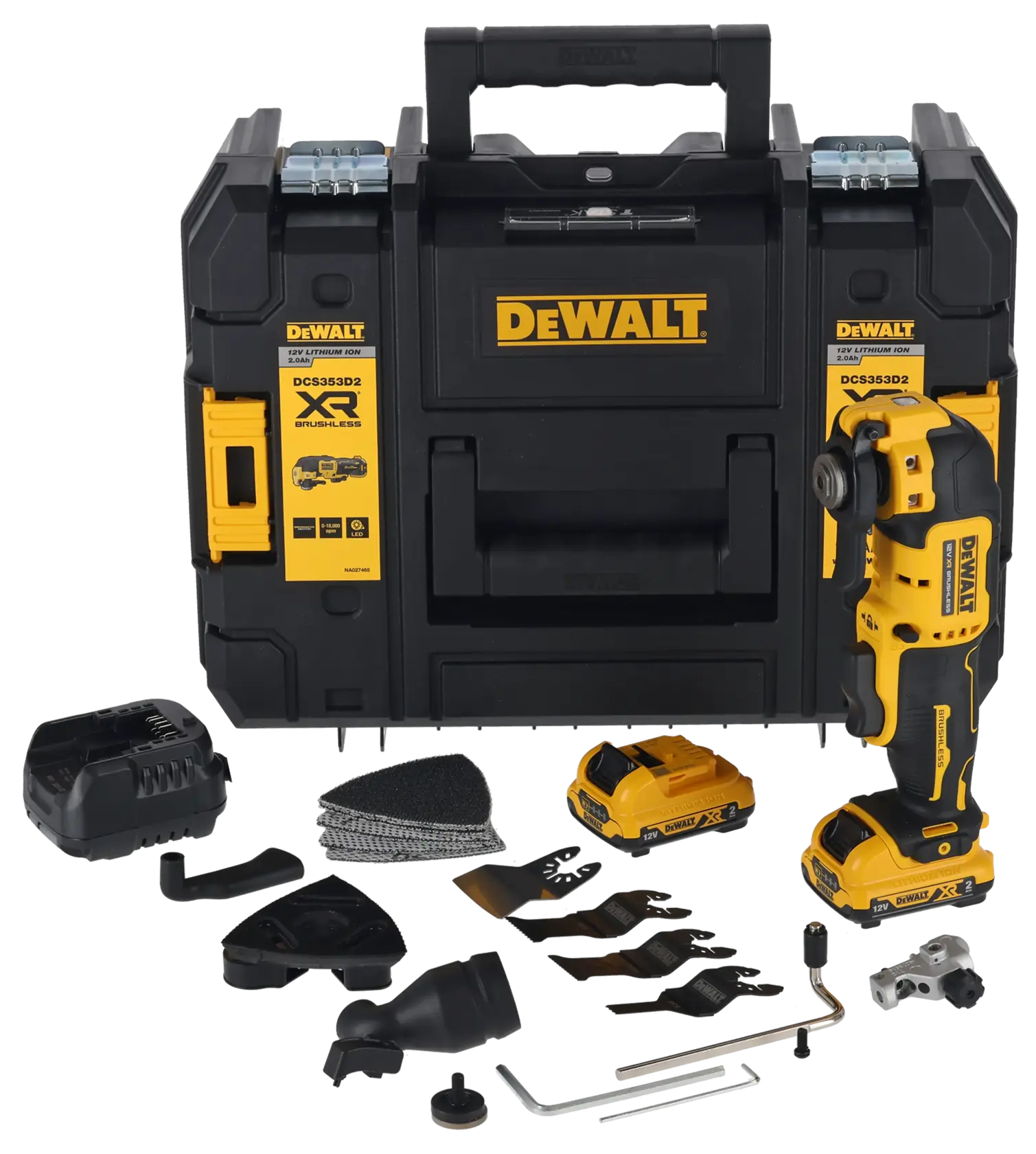 Kit d’outil multifonction oscillant sans fil DEWALT DCS353D2 avec moteur brushless, comprenant une mallette noire et jaune, l’outil, deux batteries, un chargeur, des pads de ponçage, des lames et divers accessoires.
