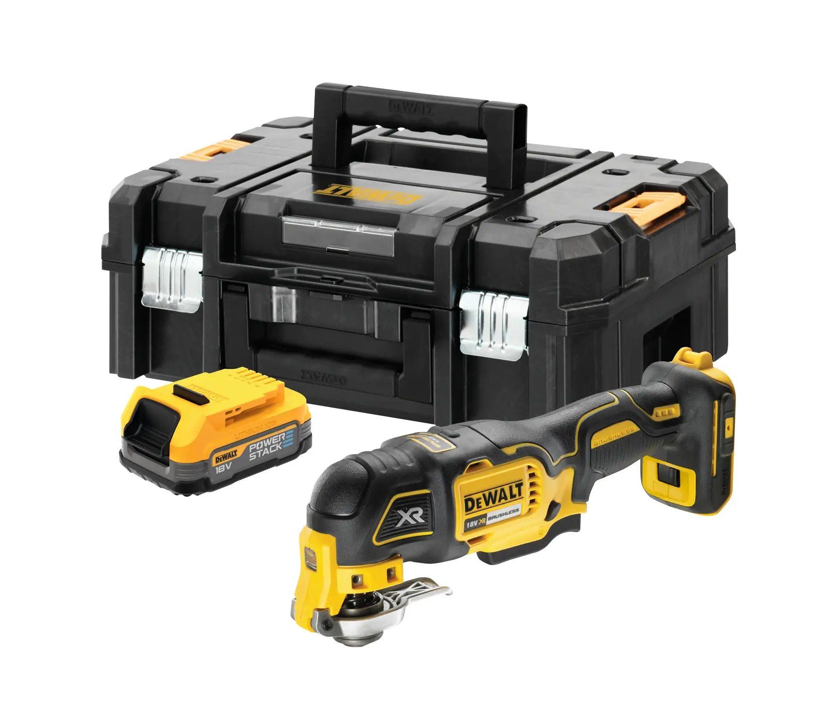 Outil polyvalent sans fil DEWALT avec batterie et boîte de rangement noir et jaune.