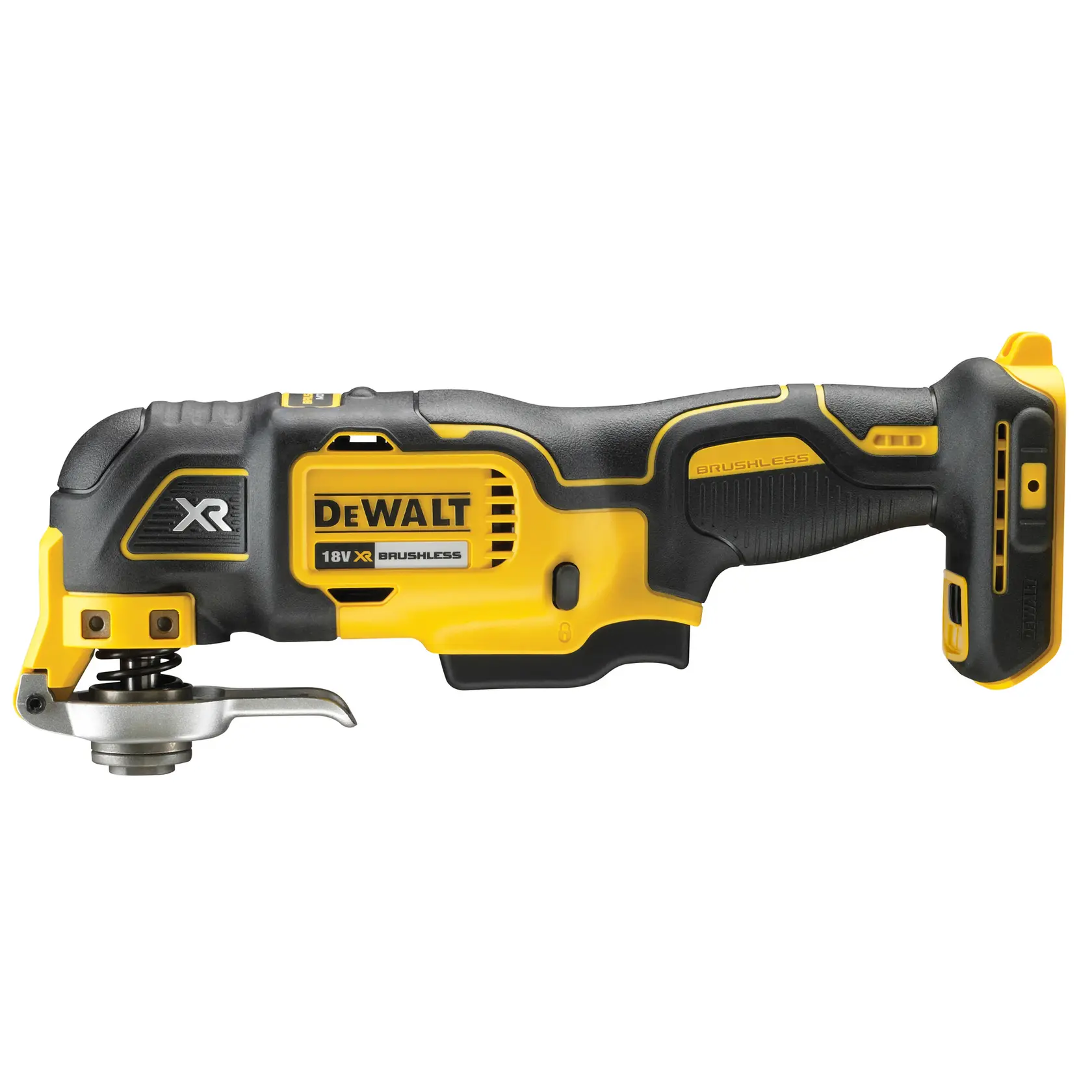 Photo of DEWALT DCS356N oscillating multi-tool, yellow and black, side view, tool only, no battery, white background.