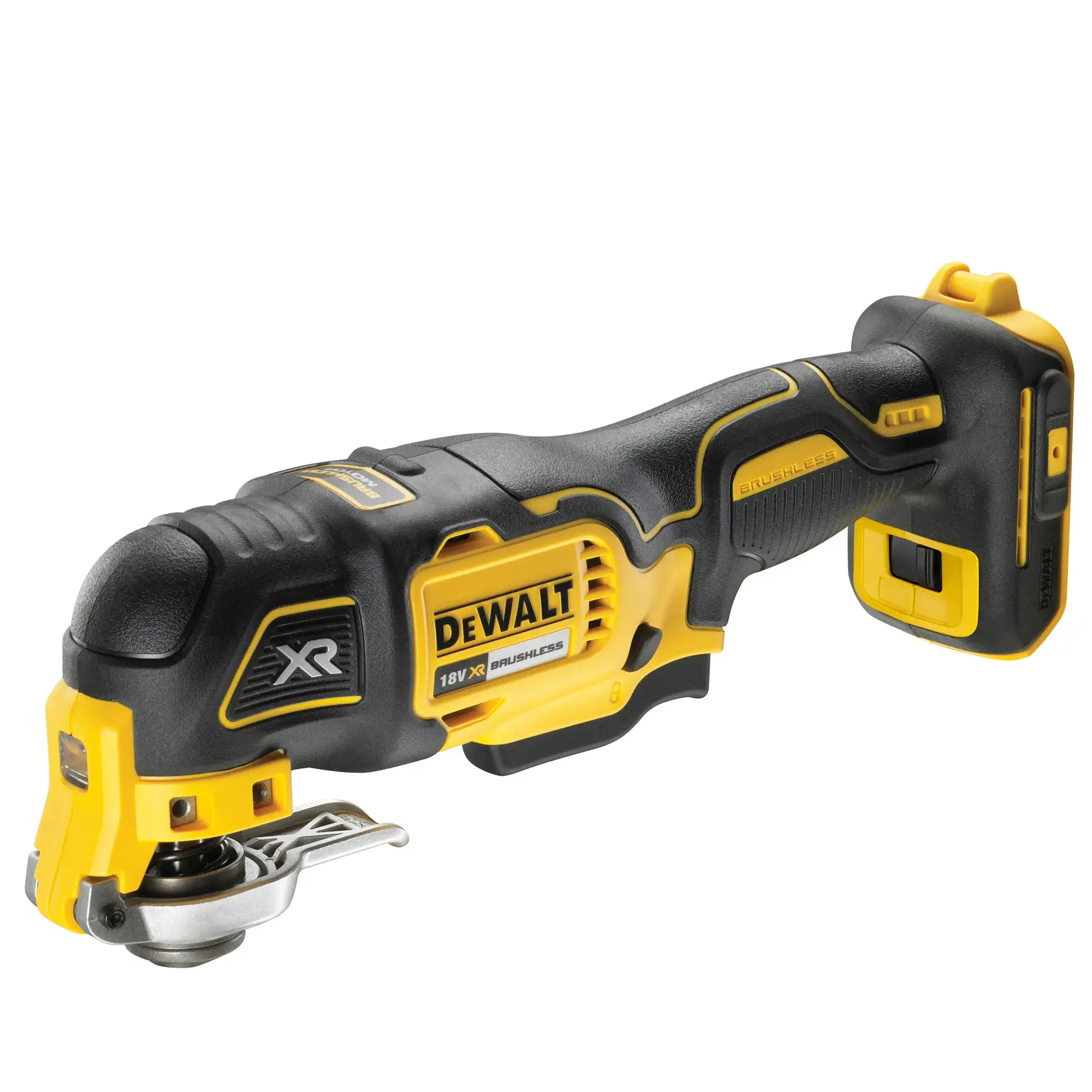 Photo of DEWALT DCS356N oscillating multi-tool, black and yellow, side angle, cordless, visible blade attachment.