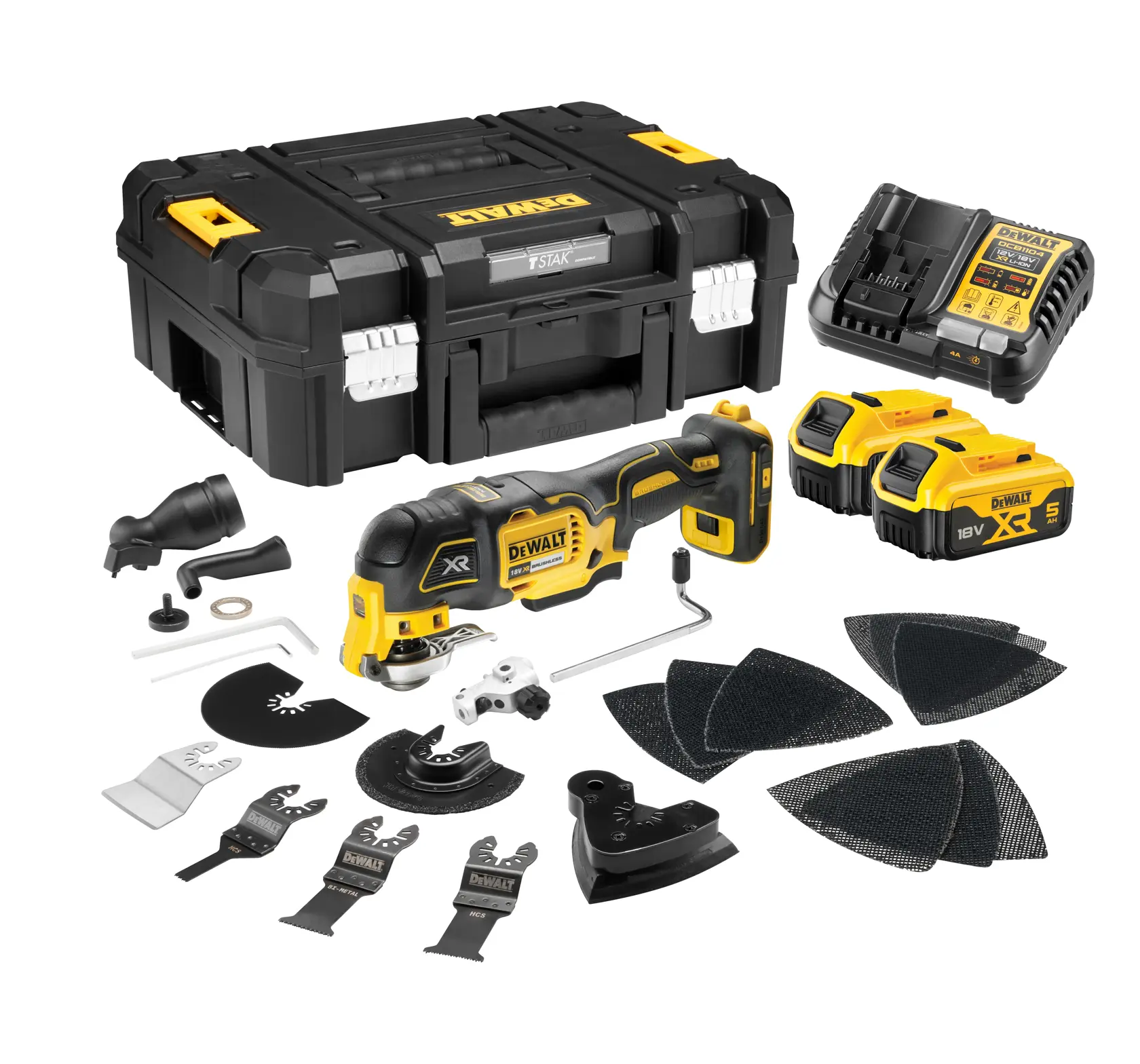 Kit outil oscillant DEWALT avec mallette, chargeur, batteries, lames, tampons abrasifs et accessoires.