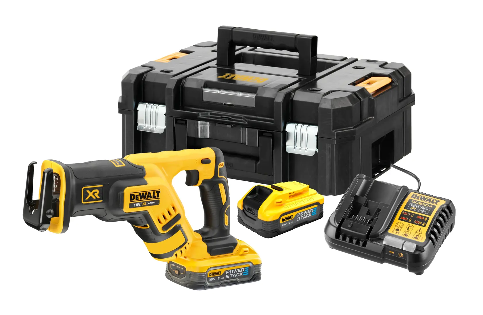 Ensemble DEWALT DCS367H2T avec une scie sabre sans fil jaune et noire, deux batteries POWERSTACK 18V, un chargeur de batterie et une mallette de transport noire solide avec poignée.
