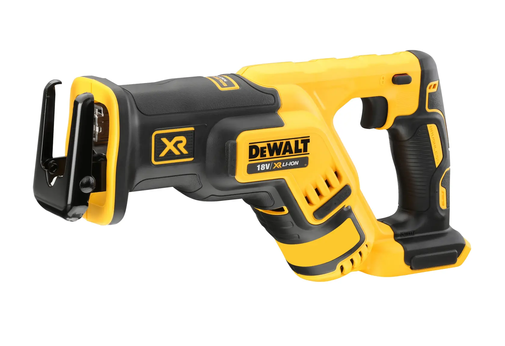 DEWALT cordless reciprocating saw, yellow-black, SKUs DCS367N, DCS367N-XJ, side angle, white background.