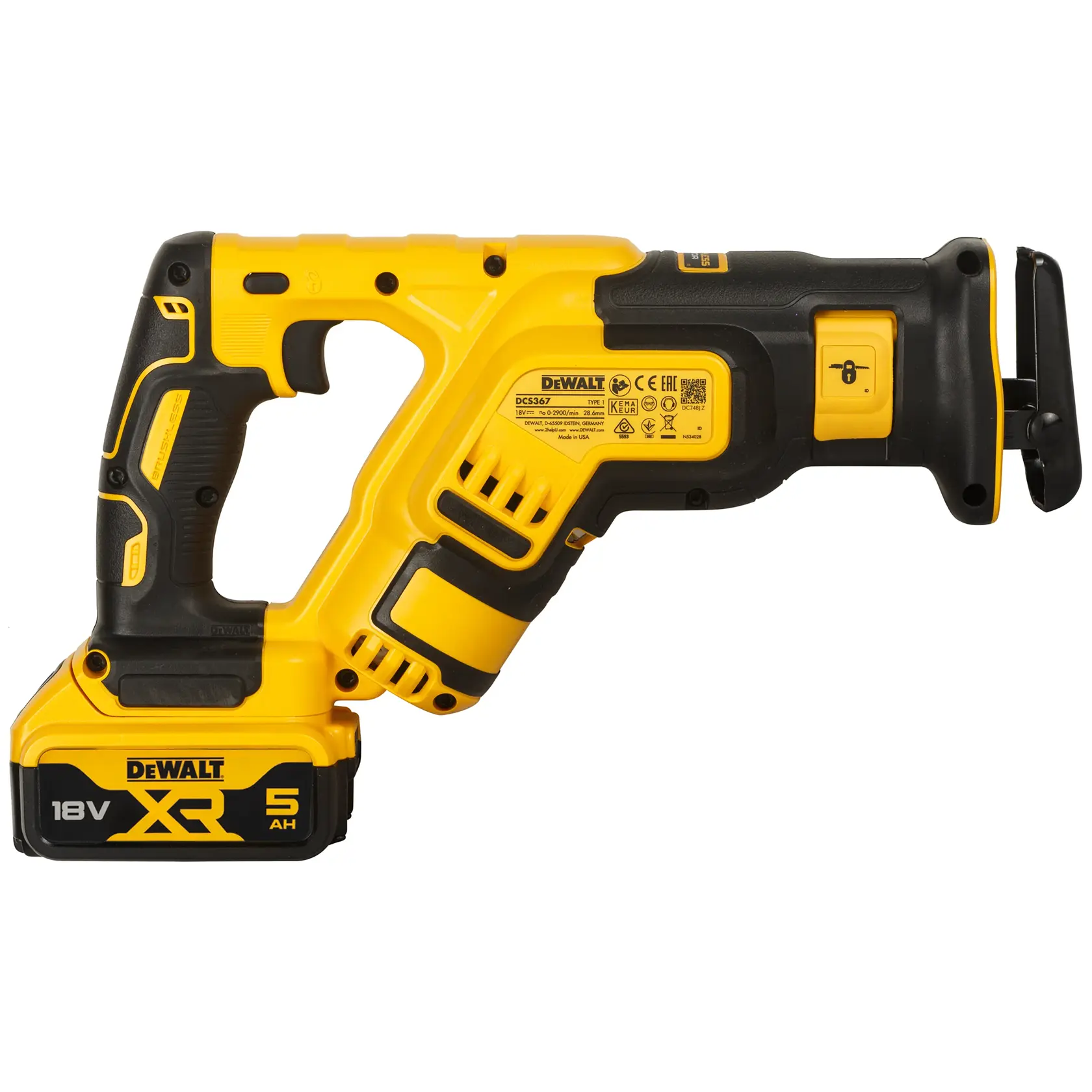 Photo of DEWALT DCS367P2 18V XR cordless reciprocating saw, yellow and black, right side view.