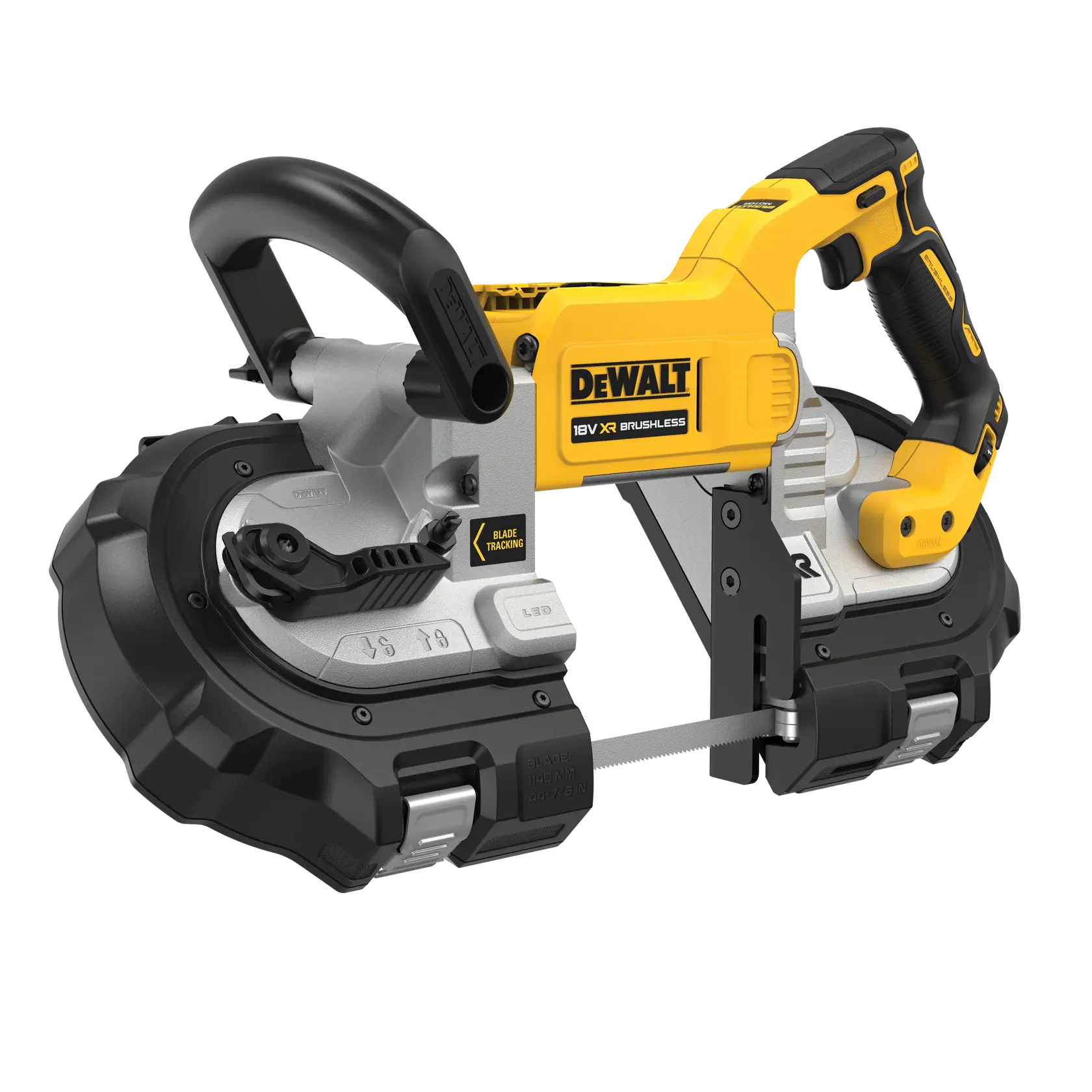 DEWALT bandsaw, cordless, SKUs DCS374N, DCS374N-XJ, yellow and black tool for cutting, product category Photography.