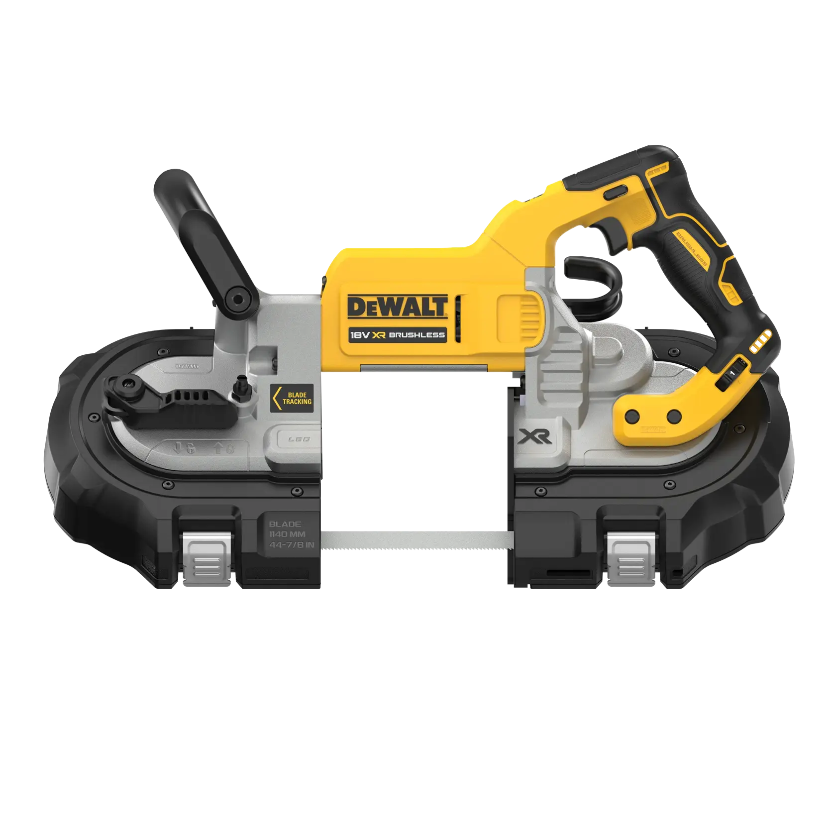 DEWALT band saw, yellow and black, models DCS374N, DCS374N-XJ, cordless tool shown on white background.
