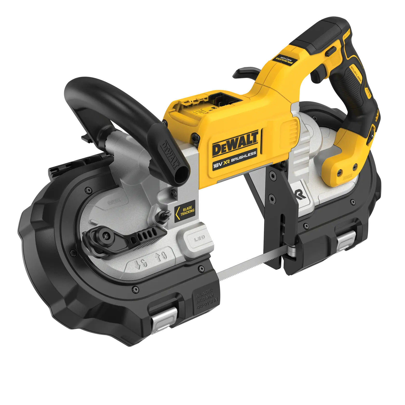 DEWALT cordless bandsaw, SKUs DCS374N, DCS374N-XJ, shown from side, yellow and black design.