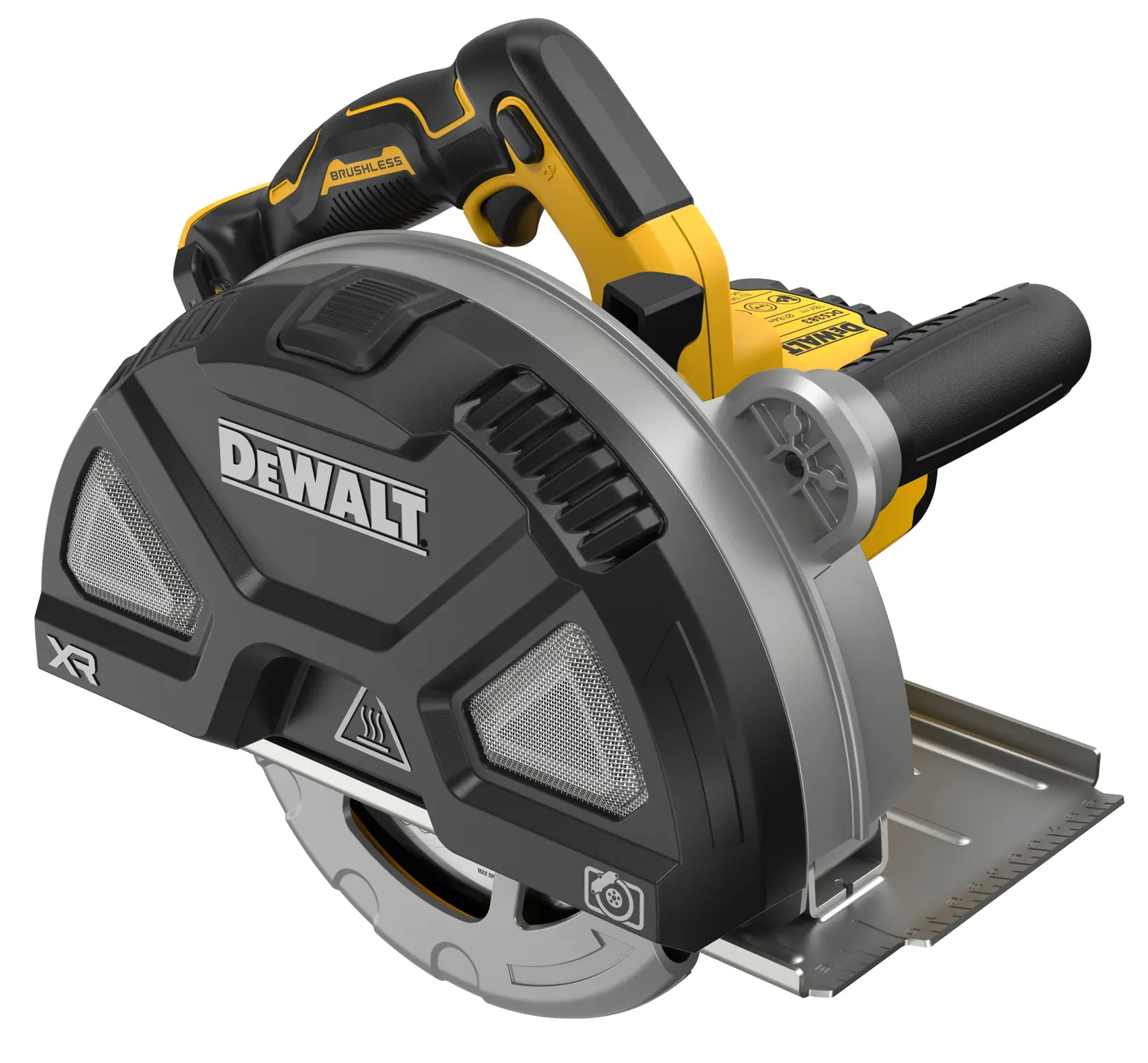 DEWALT saw, Photography category, SKUs DCS383N, DCS383N-XJ. Yellow and black tool with protective blade cover.