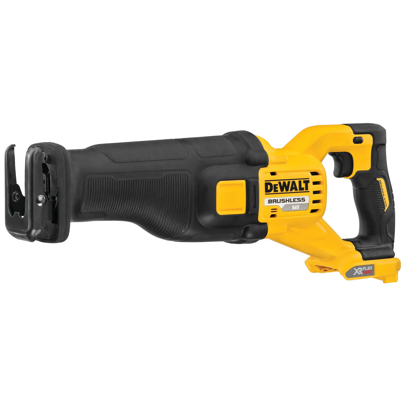 DEWALT DCS389N yellow and black cordless reciprocating saw, brushless, side angle, white background.