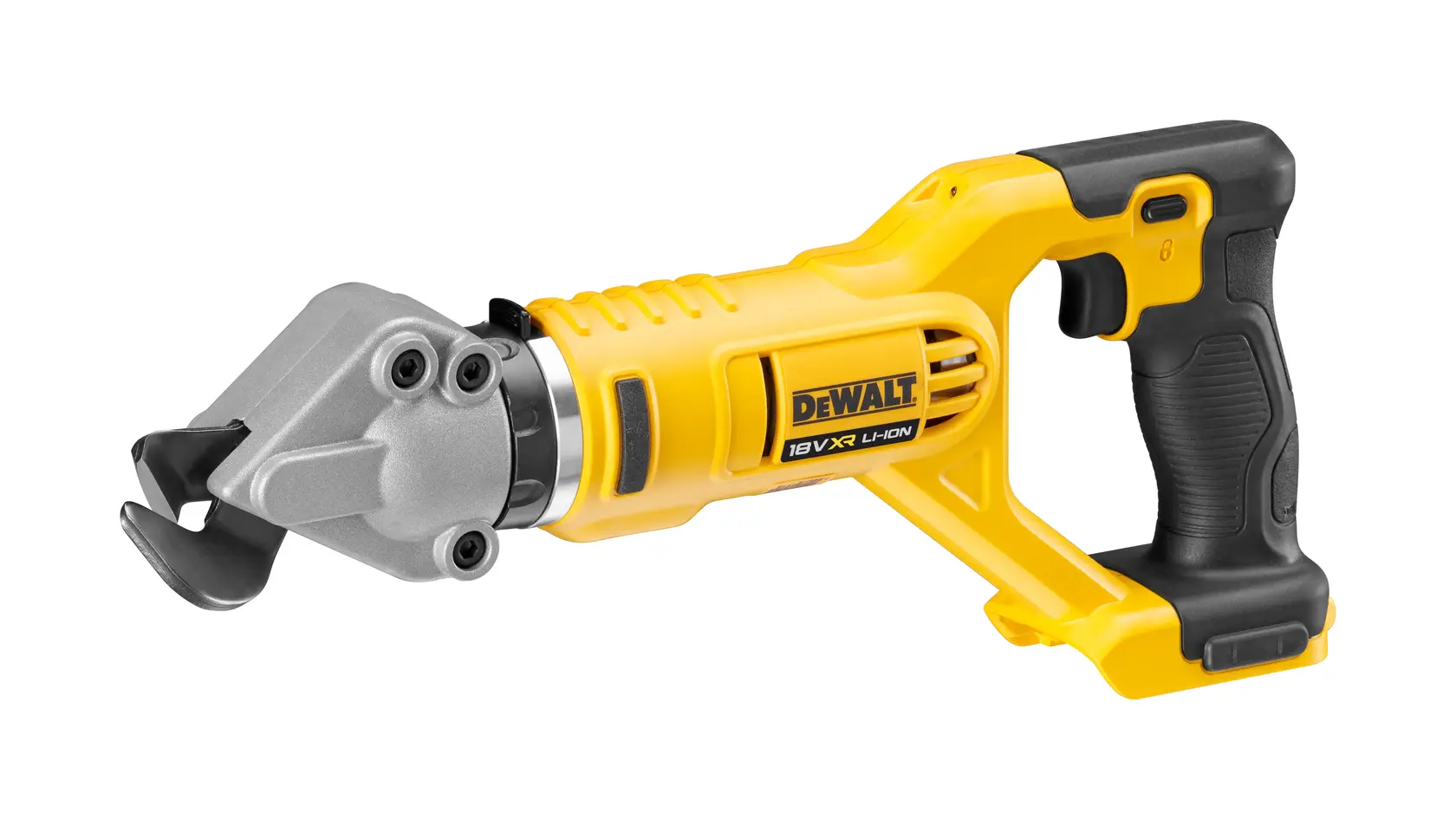 Cordless DEWALT metal shear tool with ergonomic handle and yellow body, shown on a white background.