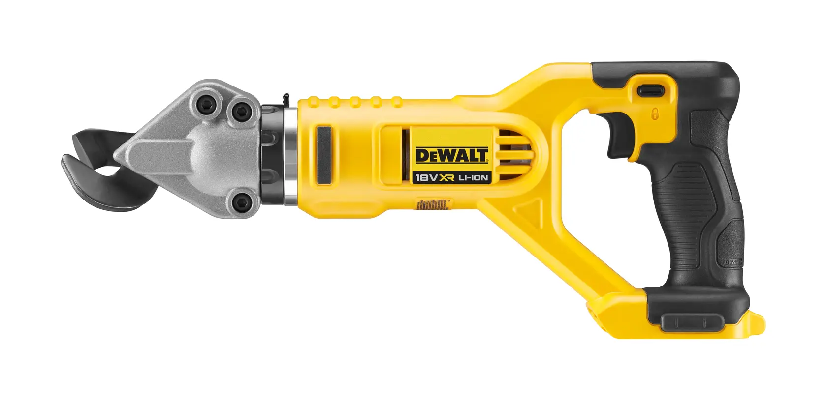 DEWALT cordless metal shear tool, yellow and black, shown side view on white background.