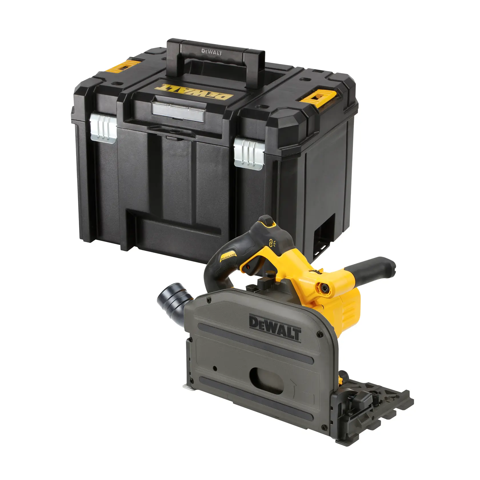 Scie sur rail DEWALT avec coffret noir robuste, idéale pour travaux de bois et de découpe.