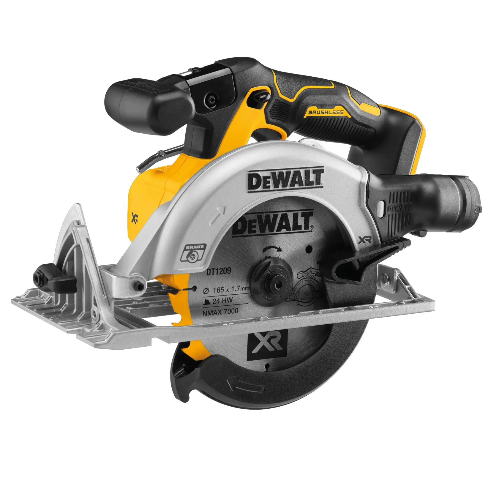 DEWALT cordless saw, product photography, SKUs DCS565NT-XJ, DCS565NT. Yellow and black power tool shown.