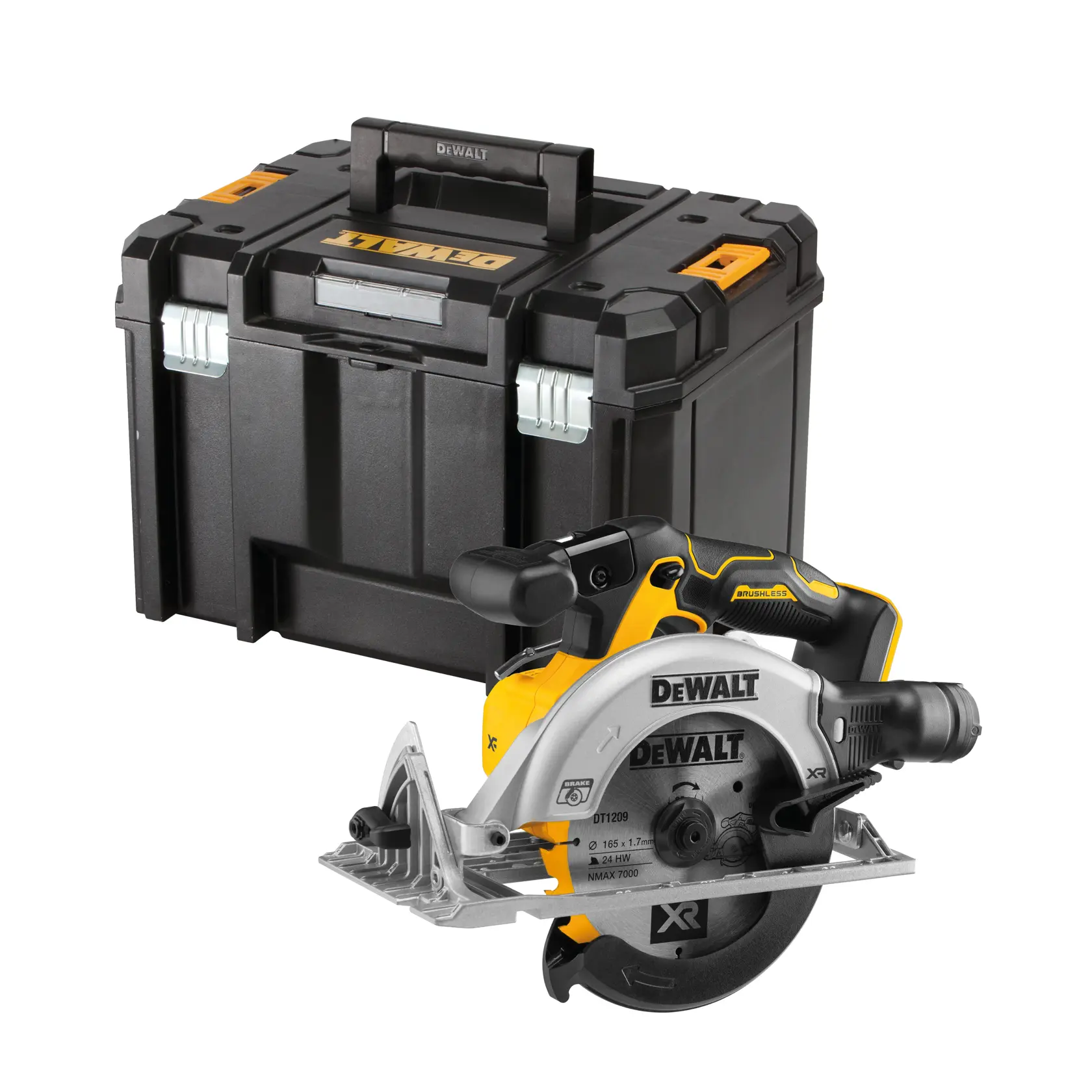Scie sans fil DEWALT en photo produit, SKUs DCS565NT-XJ, DCS565NT. Outil jaune-noir montré.